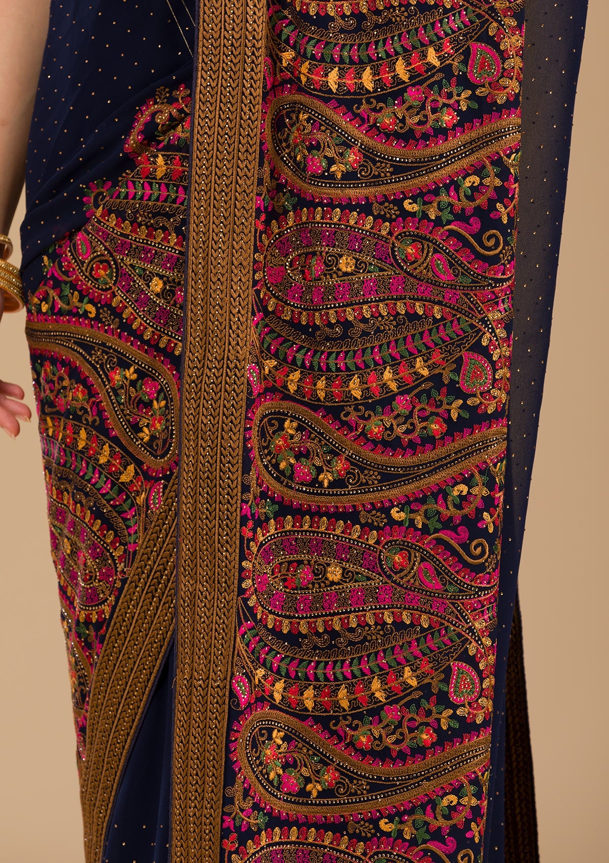 Koskii Navy Blue Threadwork Georgette Saree – Women's - view 7