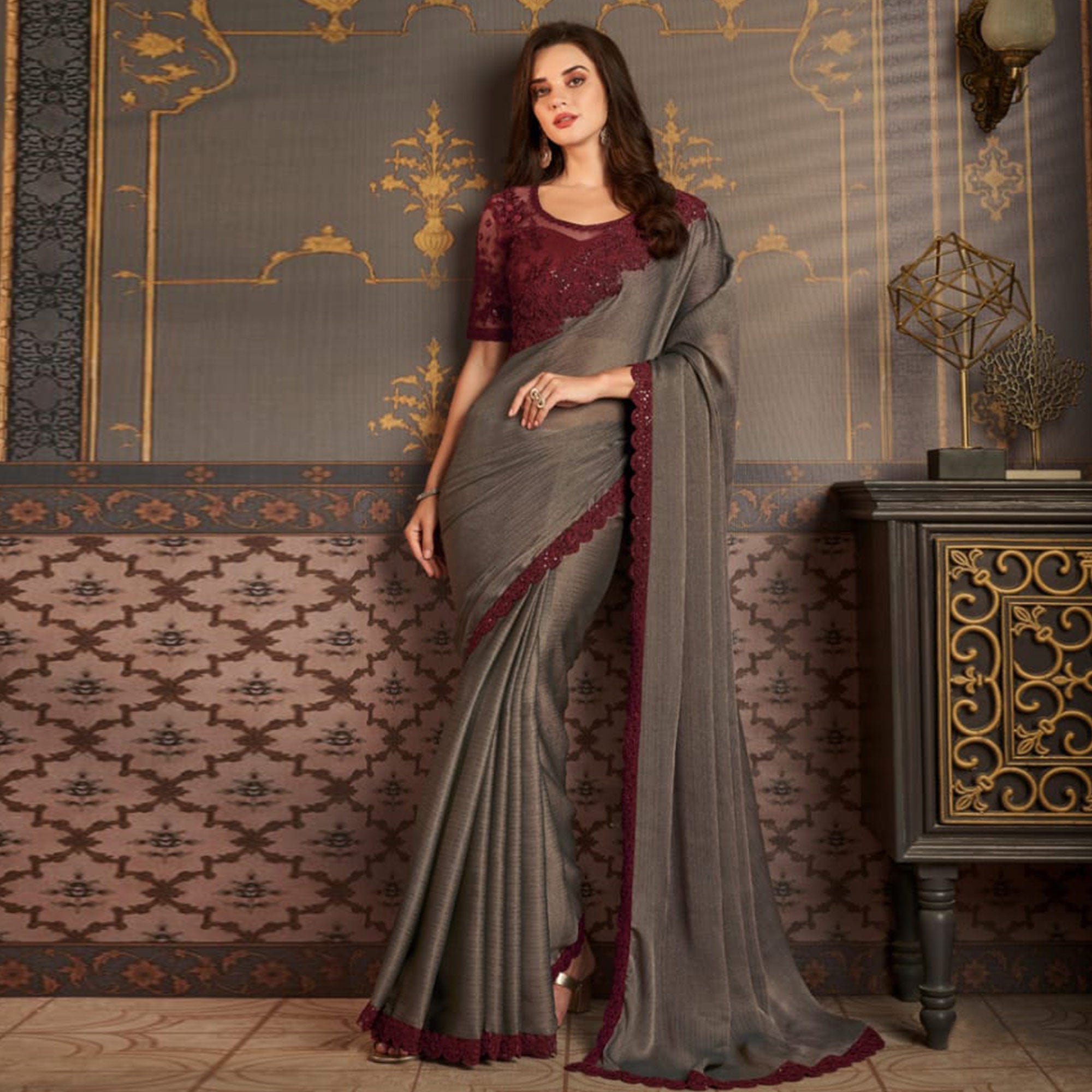 Peachmode Dark Grey Embroidered Satin Saree – Women's - view 2