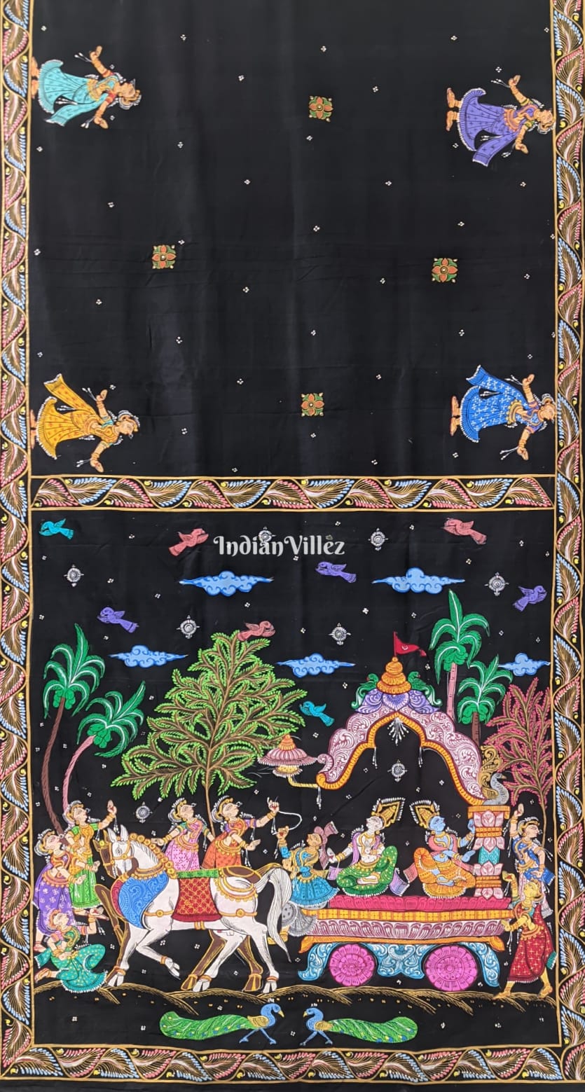 IndianVillèz Black Mathura Vijay Theme Hand-Painted Pattachitra Saree