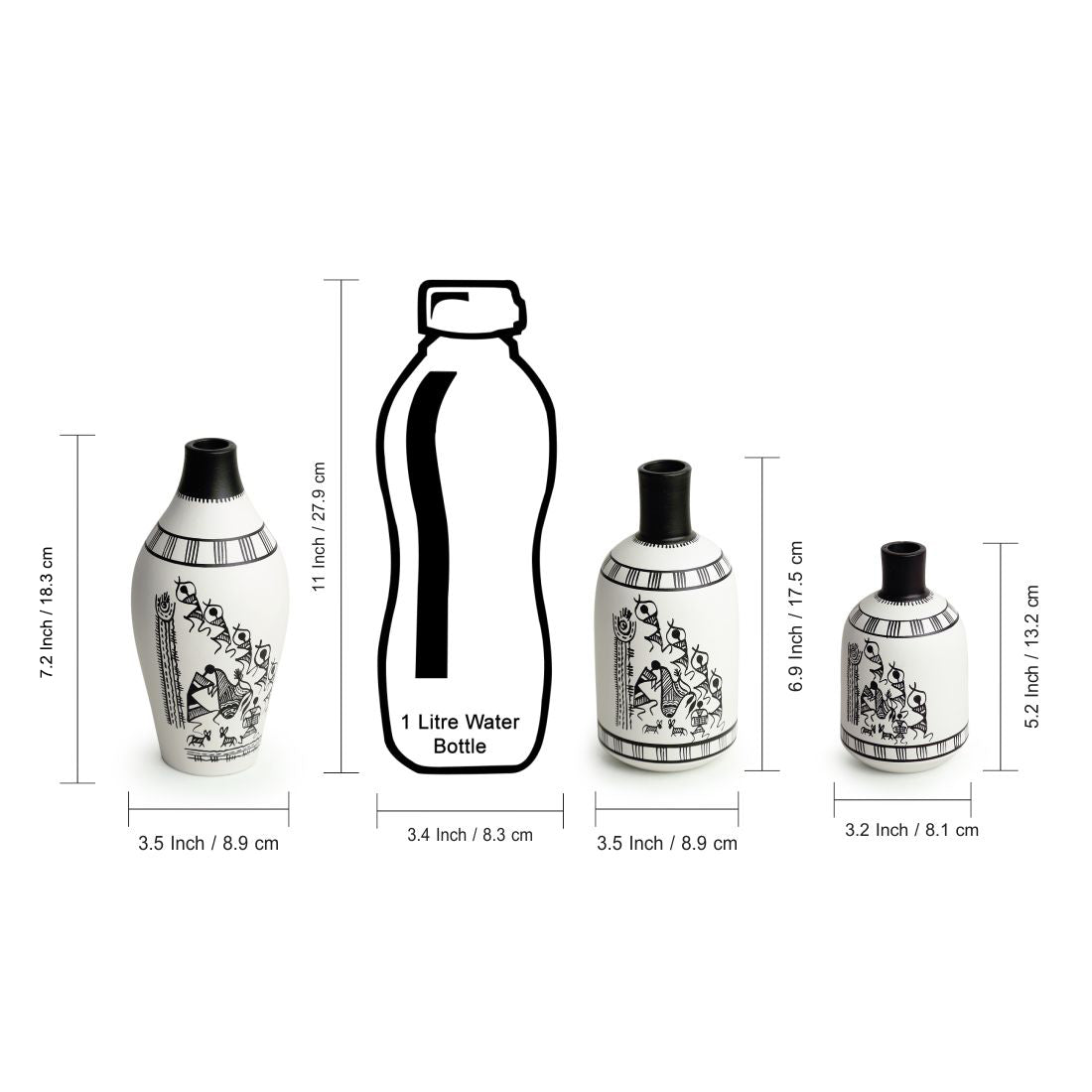 EXCLUSIVELANE 'The Warli Tales' Handpainted Terracotta Vases (Set of 3, White) - view 7