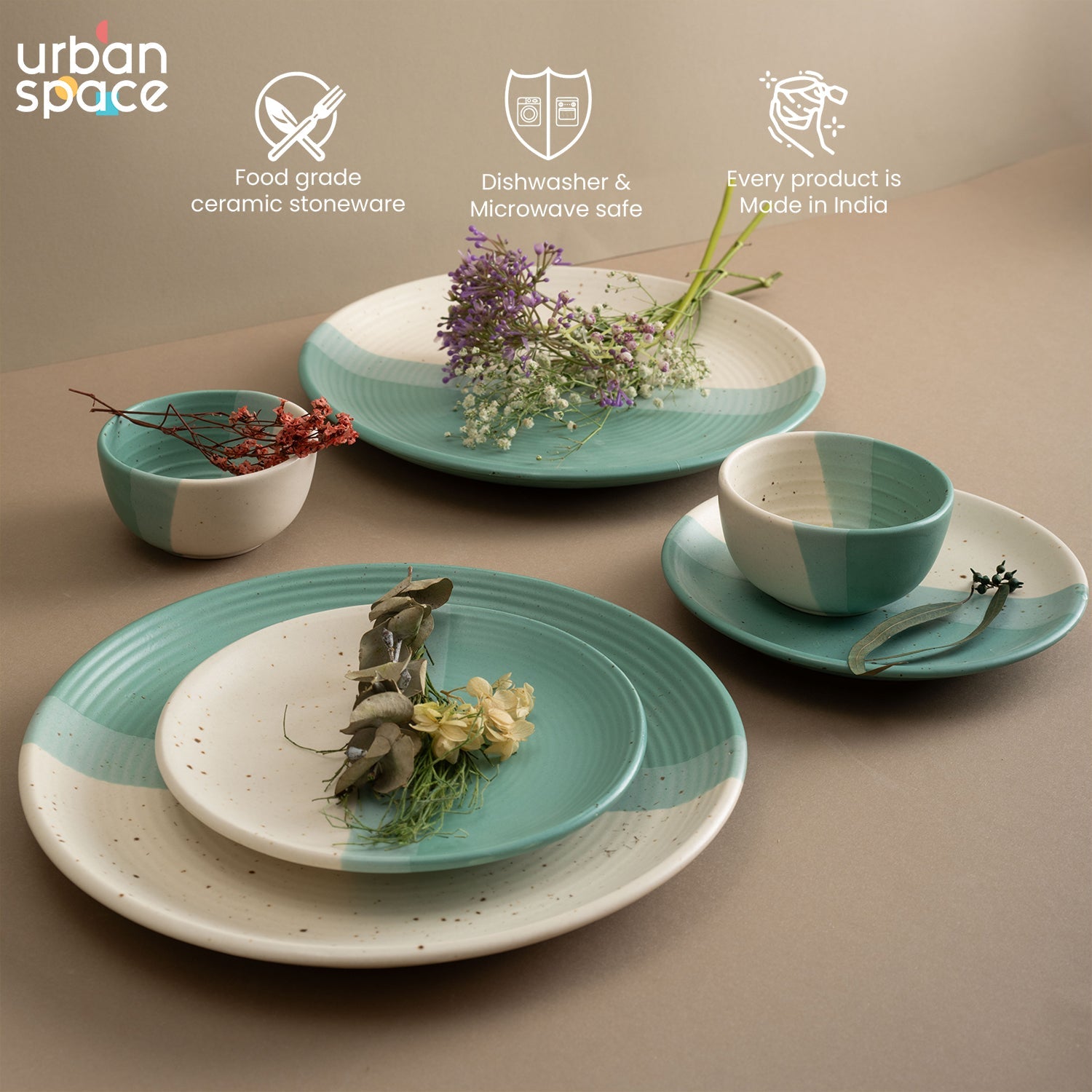 Urban Space Home Furnishing Handmade Ceramic Full dinner set for 2, 2 pieces each of dinner plate, quarter plate and katori bowls, Set of 6, Green Pea - view 3