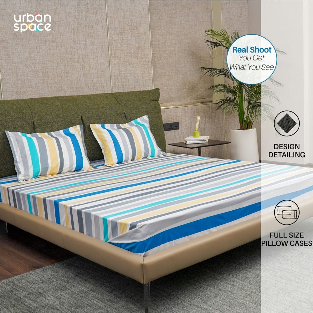 Urban Space -Home Furnishing Store Serene Collection - Breathable 200 TC 100% Pure Cotton Single Bedsheet with Pillow Cover, MultiColour Stripes - Blu - view 4
