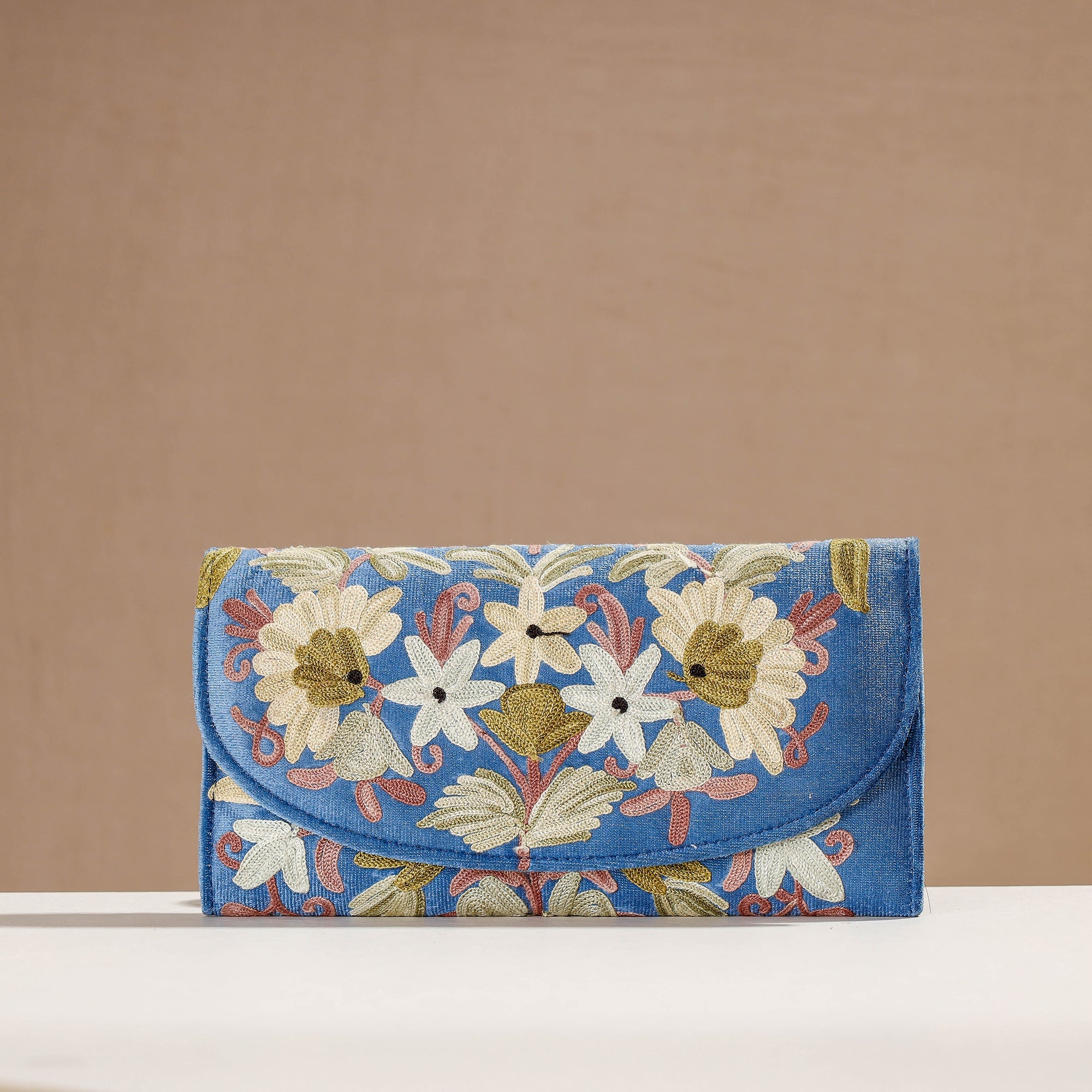 Leather velvet wallet – ITOKRI CRAFTS INITIATIVE Blue - Crewel Hand Embroidery Leather & Velvet Wallet