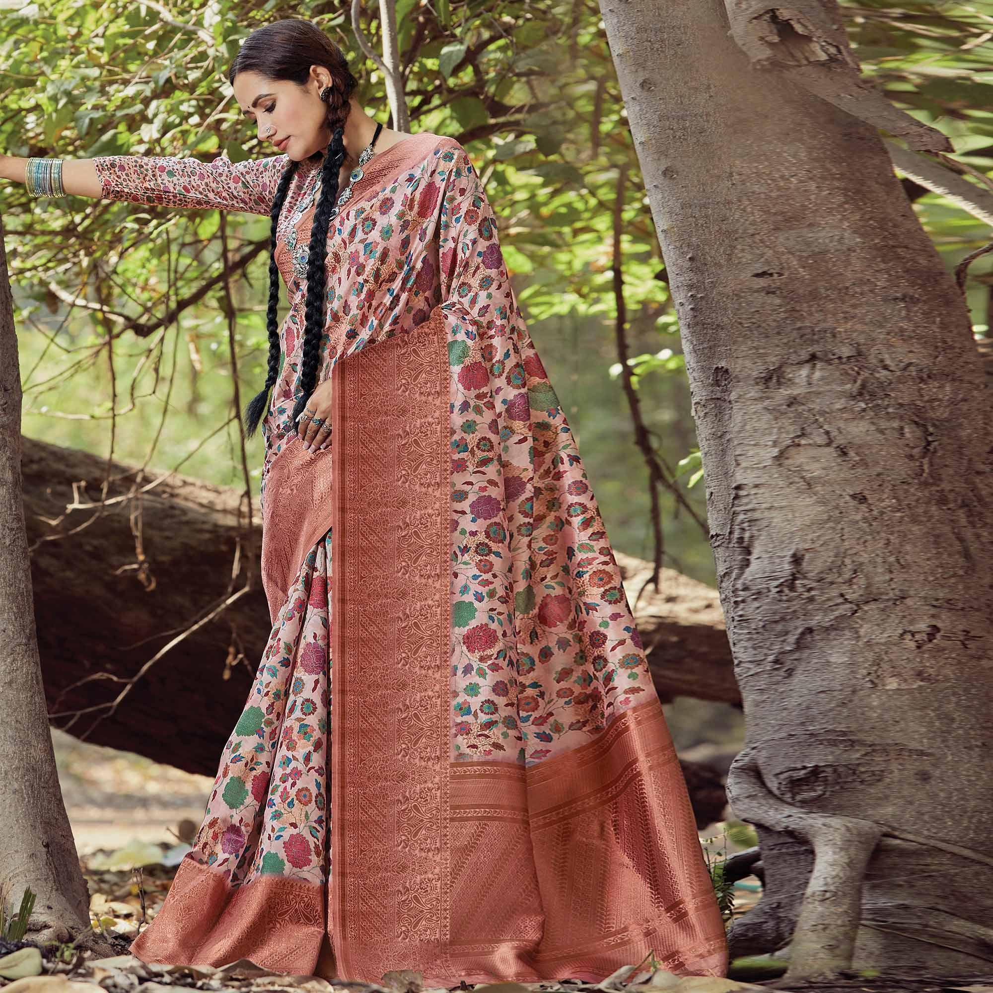 Peachmode Eye-catching Peach Colored Festive Wear Digital Printed Silk Saree