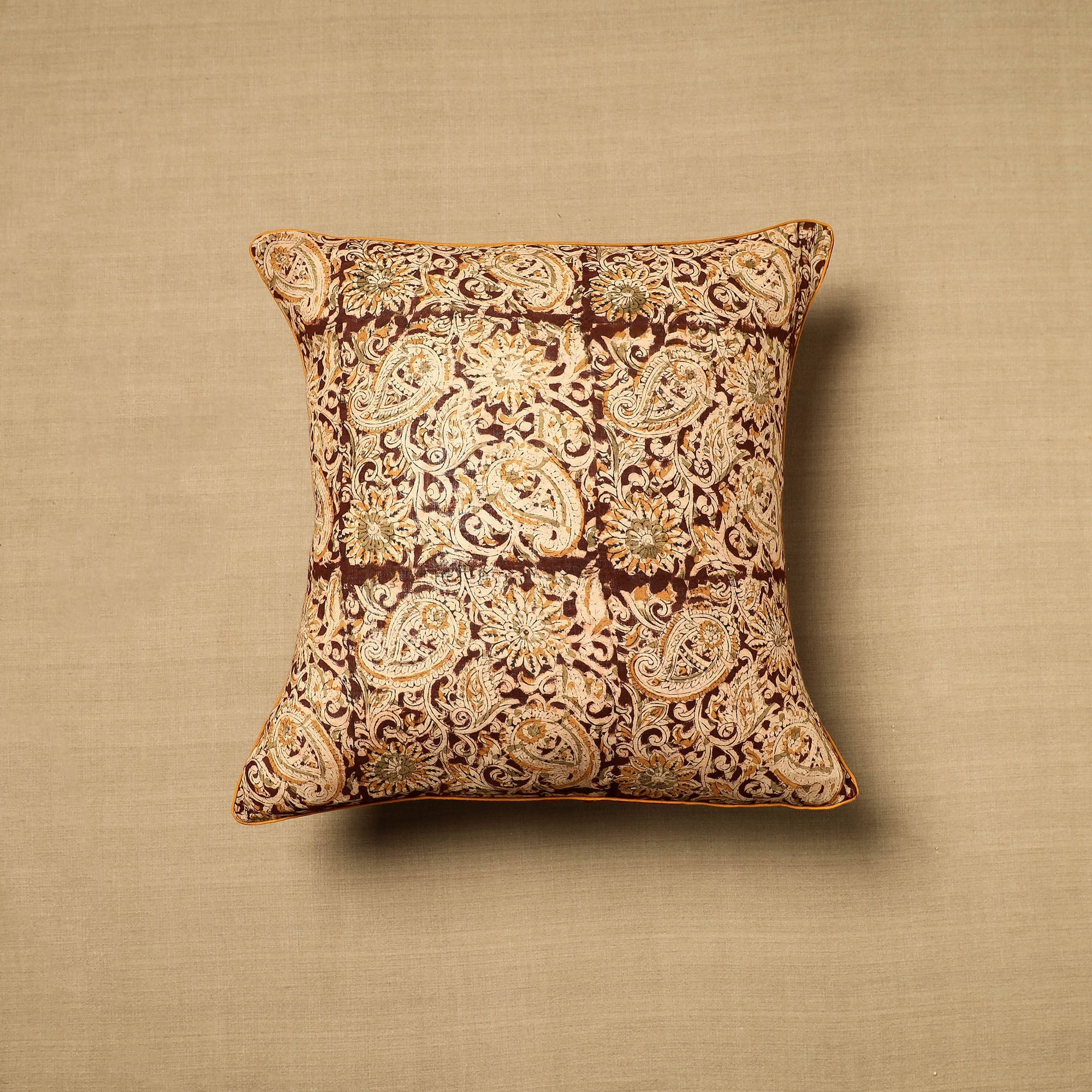 NOORI BAZAR Beige - Block Print Cotton Kalamkari Cushion Cover (16 x 16 in) 03