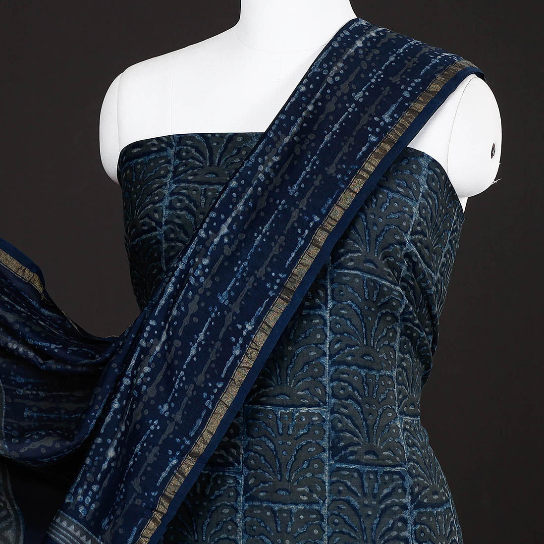 HAVELI CHRONICLES Blue - 3pc Akola Block Printed Chanderi Silk Suit Material Set - view 3