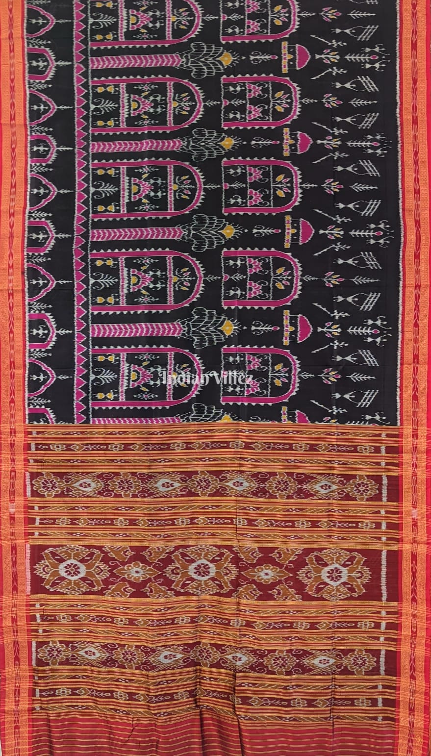 IndianVillèz Black Tribal Odisha Ikat Khandua Silk Saree