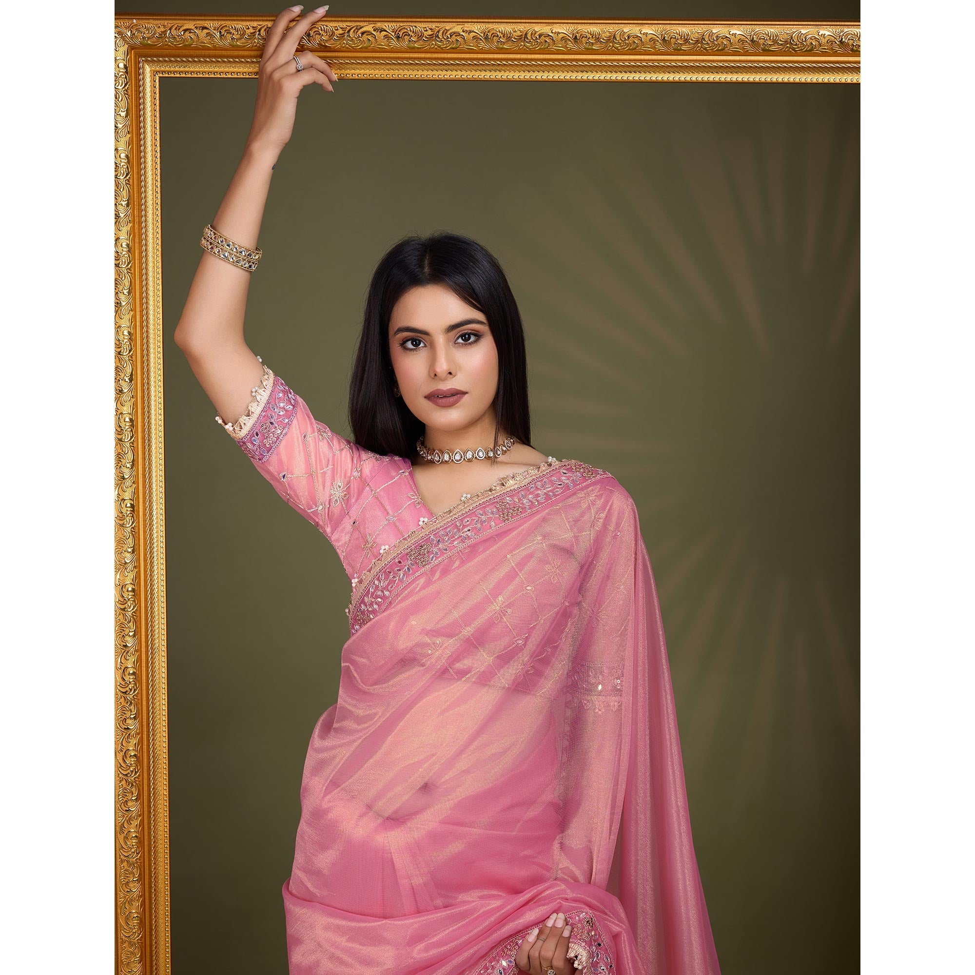 Peachmode Light Pink Sequins Embroidery With Mirror Handwork Twill Net Saree - view 8