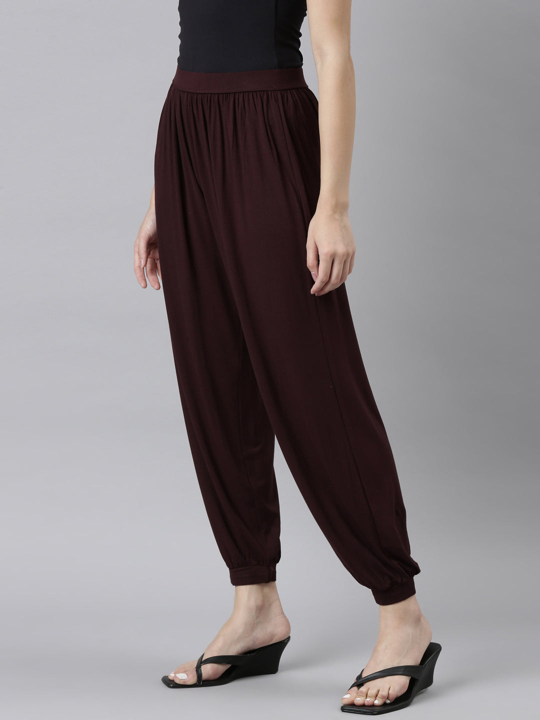 Go Colors Women Solid Dark Wine Harem Pants
