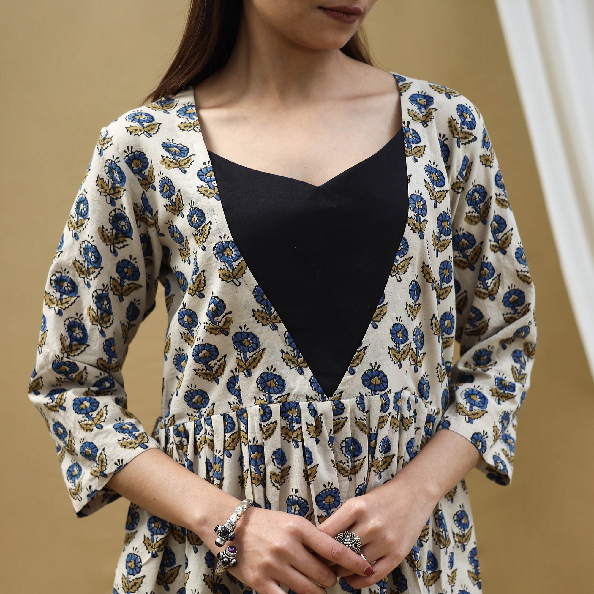 ITOKRI CASUALS Beige - Block Print Cotton Flared Ajrakh Dress 09 - view 4