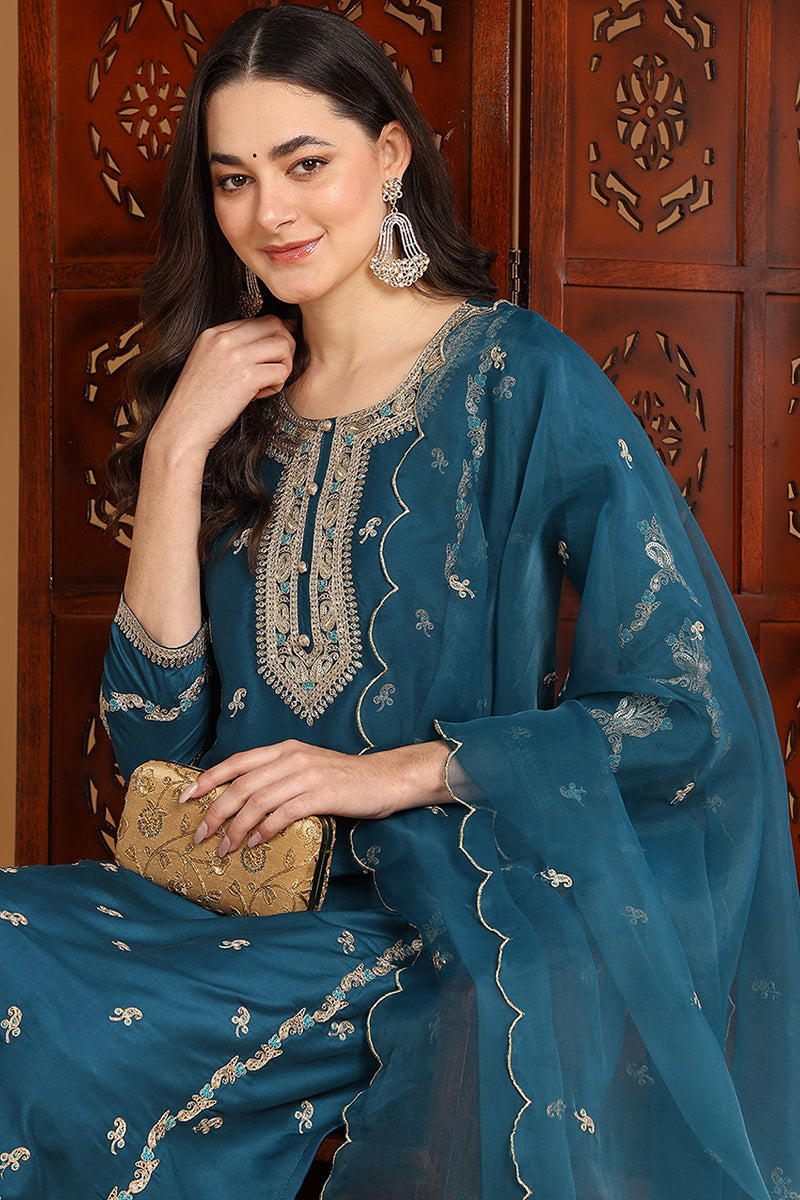 Ahika Teal Silk Blend Ethnic Motifs Embroidered Straight Suit Set PKSKD2198 - view 2