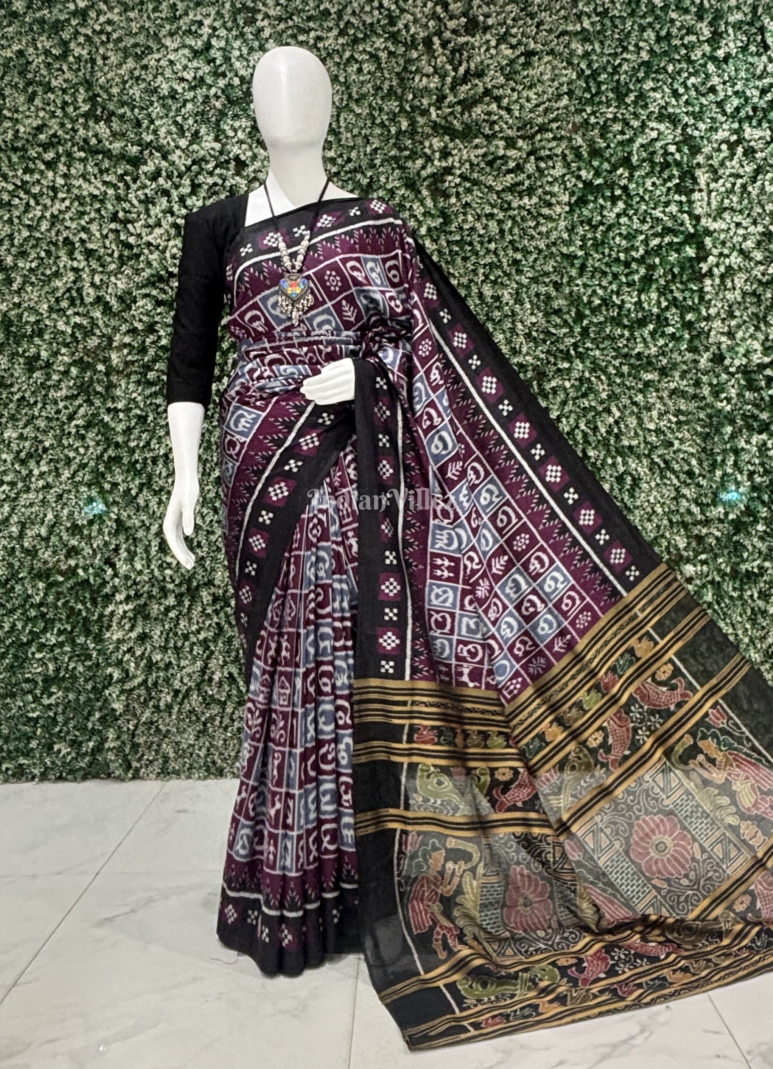 IndianVillèz Old Mauve Gray Odia Barnamala (Letter) Designer Contemporary Silk Saree