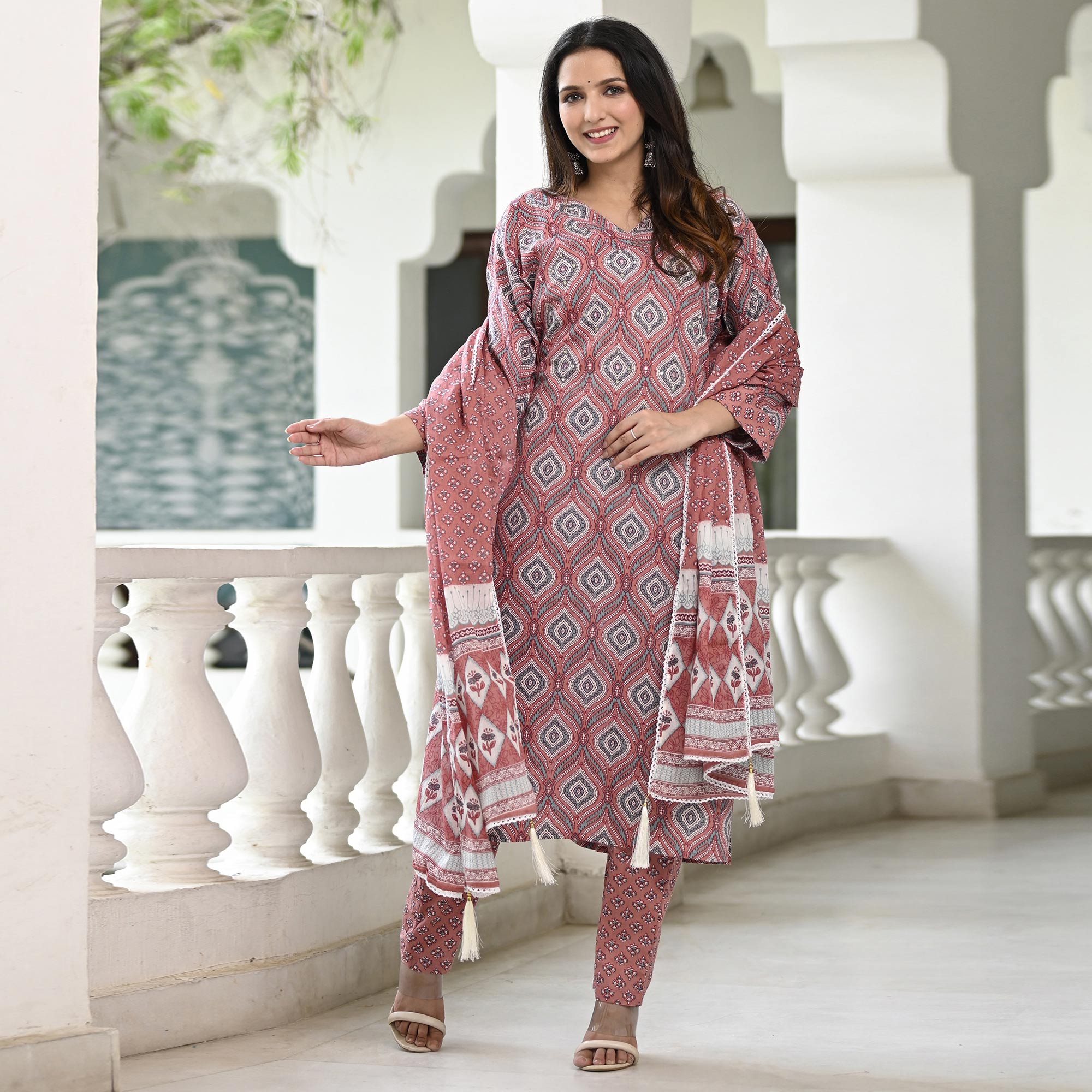 Peachmode Mauve Printed Pure Cotton Suit - view 2