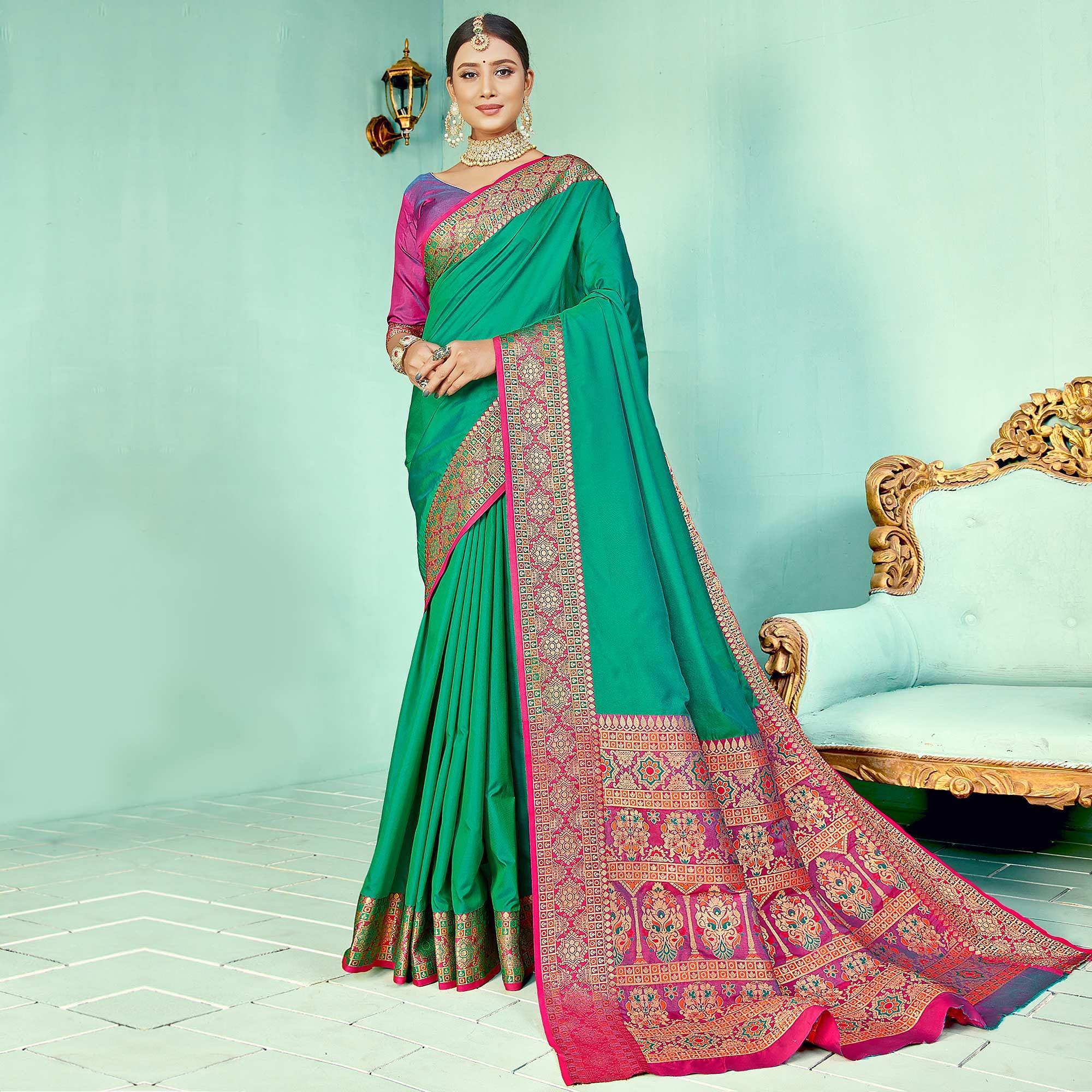 Peachmode Elegant Green Coloured Partywear Woven Silk Saree