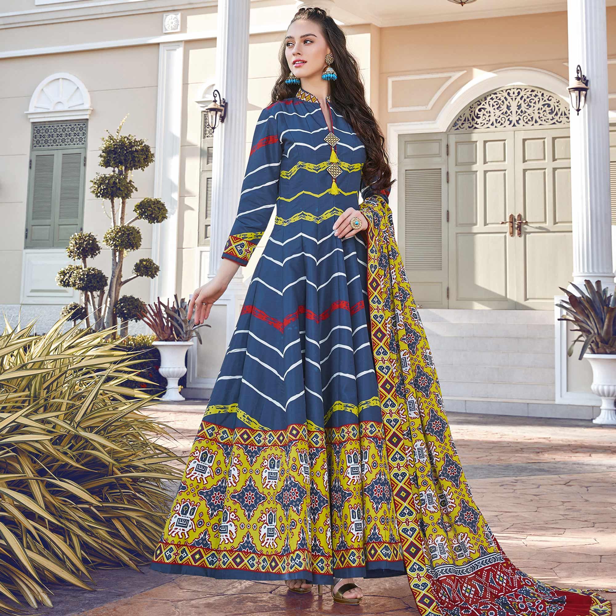 Peachmode Seller Intricate Blue Colored Partywear Designer Digital Patola Print Killer Silk Anarkali Suit