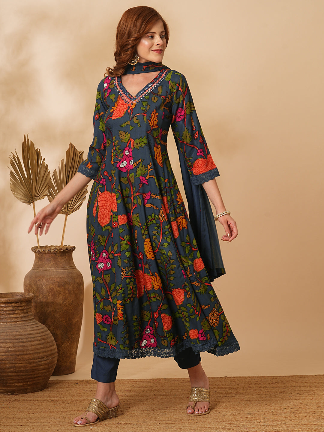 Fashor Floral Printed Mirror Embroidered Anarkali with Pant & Dupatta - Sea Green - view 3