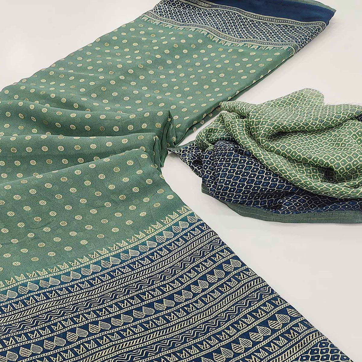 Peachmode Dusty Green Foil Printed Georgette Saree - view 2
