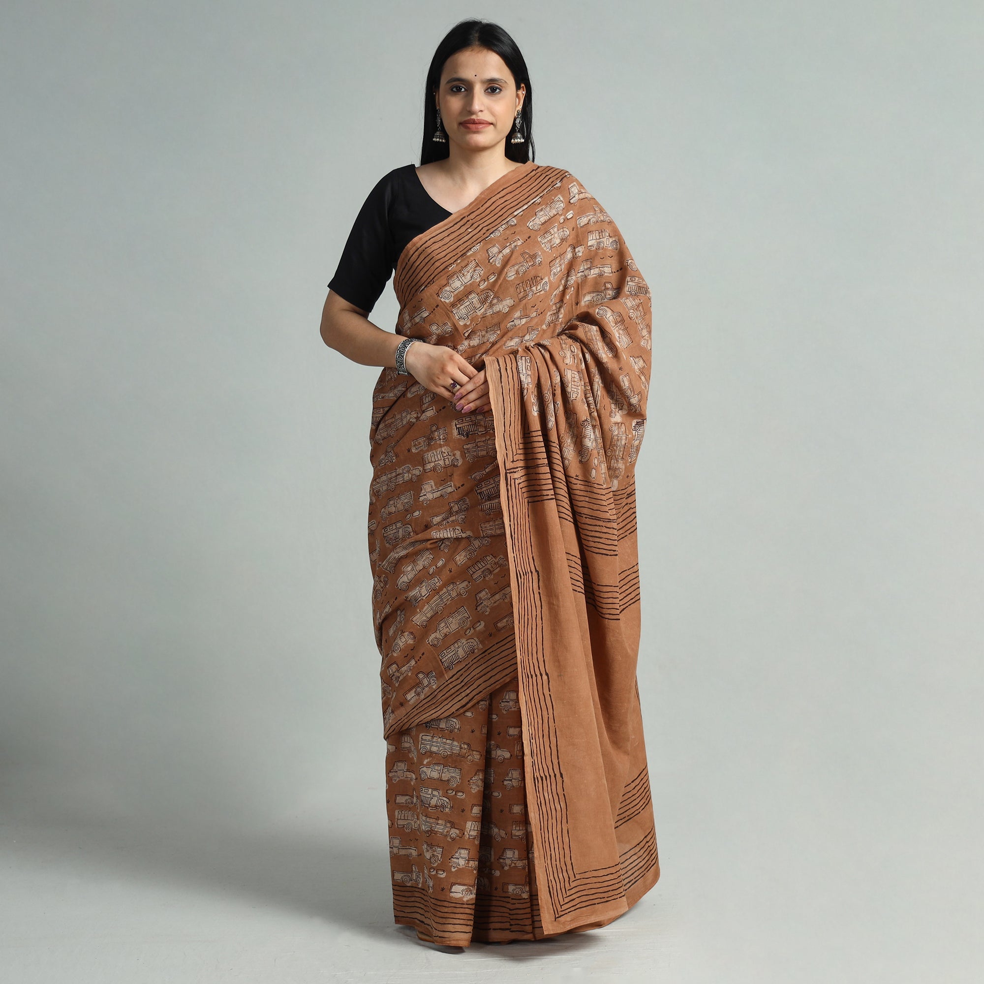 BINDAAS UNLIMITED Brown - Bindaas Art Block Printed Natural Dyed Cotton Saree 115