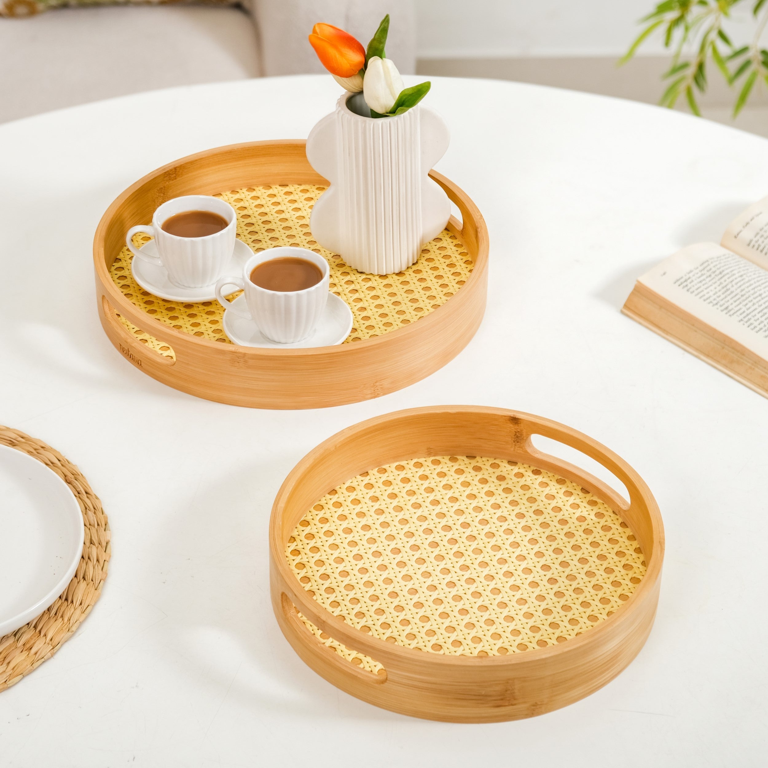 Nestasia Set Of 2 Rattan Weave Round Wooden Trays