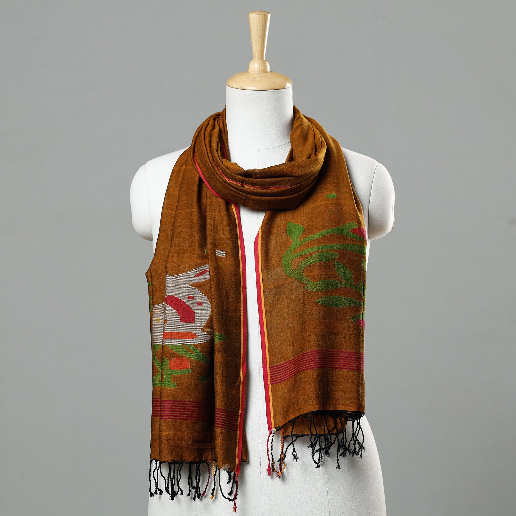 ALANKRITA Brown - Jamdani Handloom Cotton Stole with Tassels