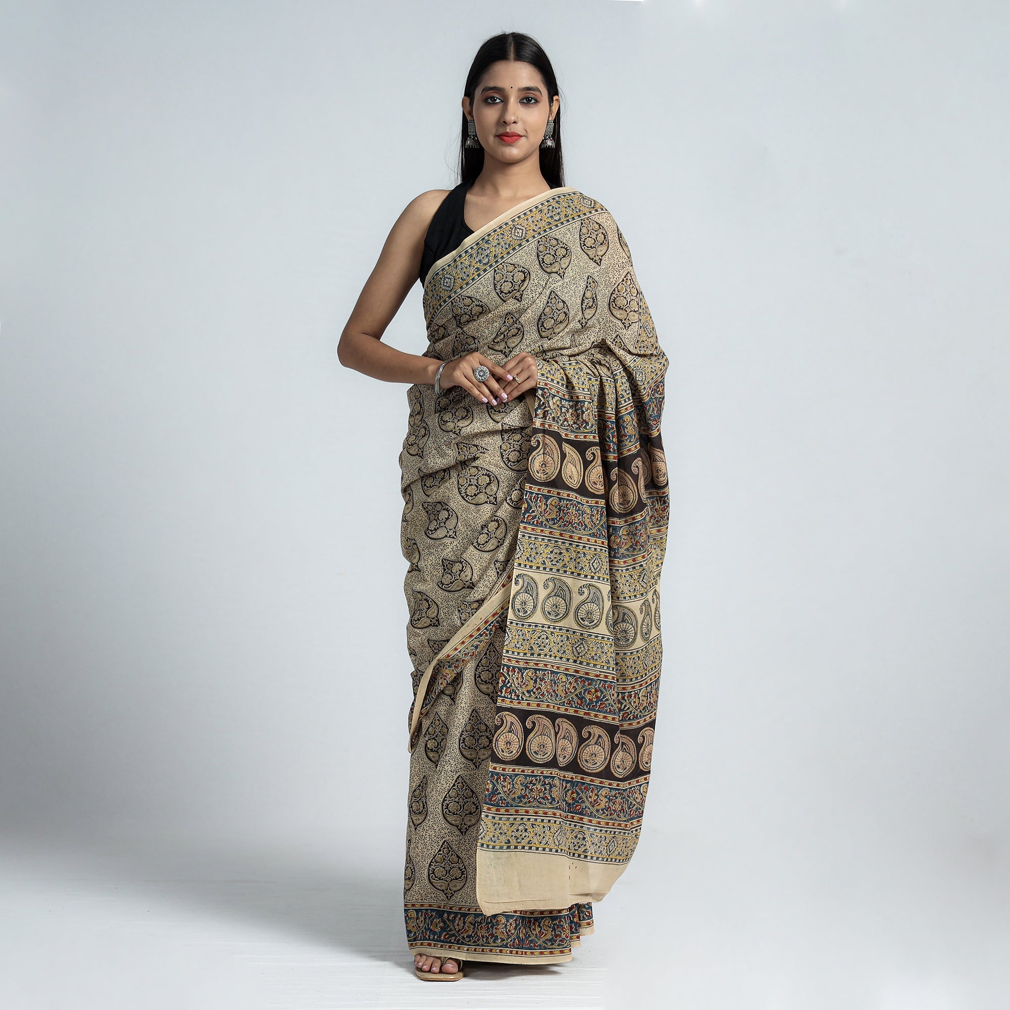 PITCHUKA SRINIVAS KALAMKARI PEDANA Beige - Pedana Block Print Cotton Kalamkari Saree