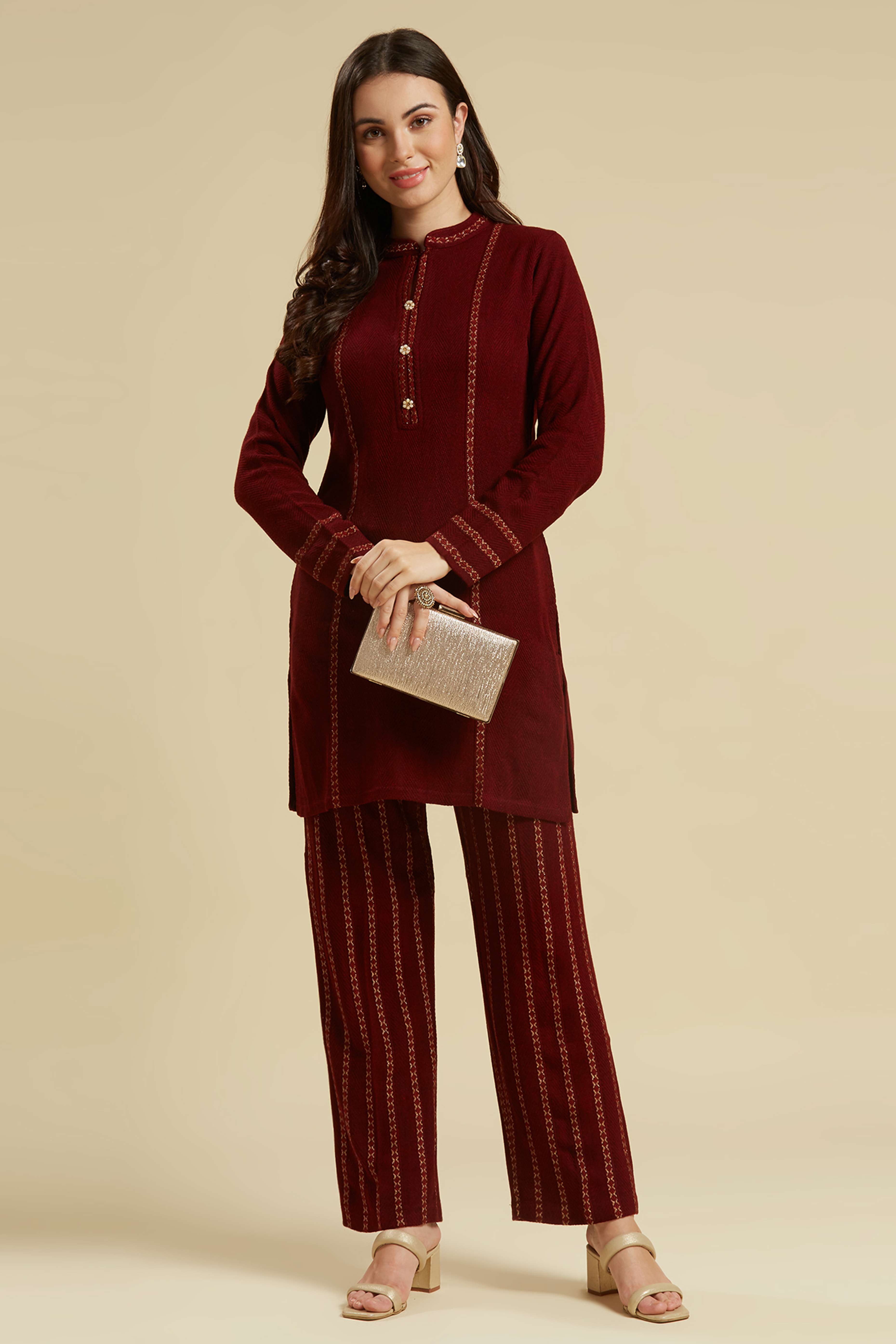Peachmode Maroon Woven Woolen Straight Top Bottom Set