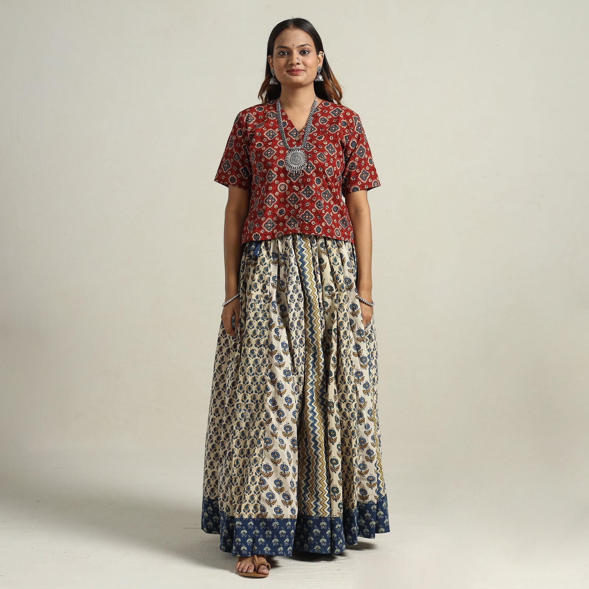 NOORI BAZAR Beige - Ajrakh Block Printed 24 Kali Patchwork Cotton Long Skirt 70