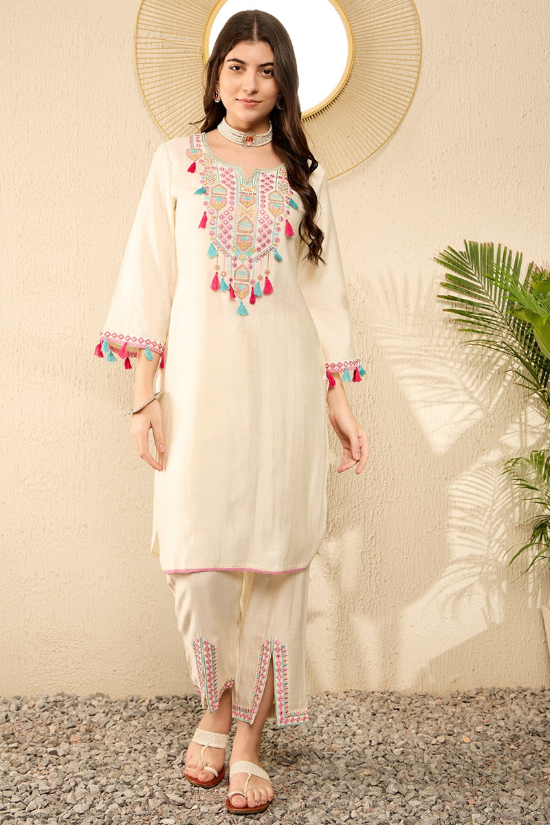 Ahika Off White Viscose Rayon Solid Embroidered Straight Trouser Kurta Set VKSET1527