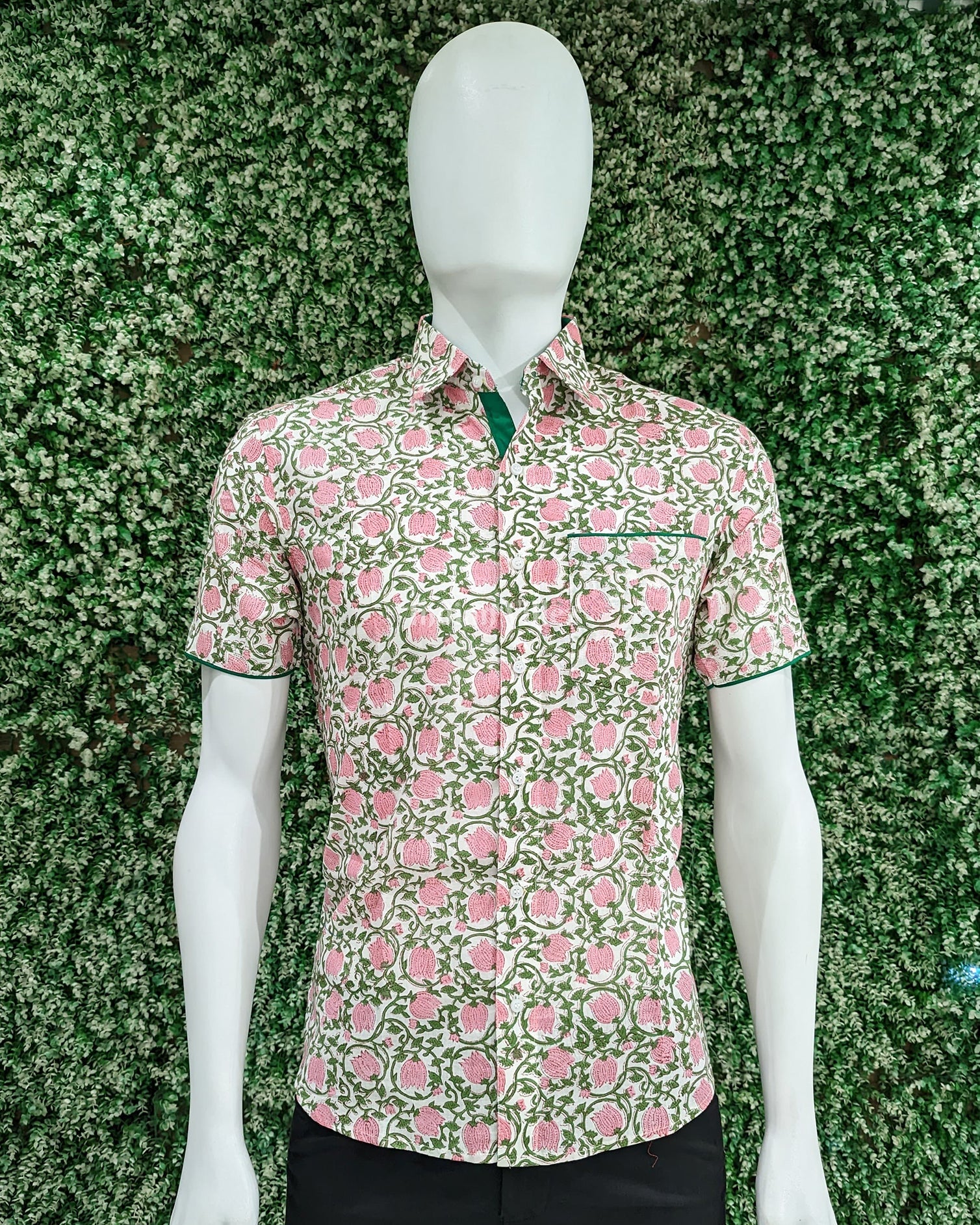 IndianVillèz Pink Lotus Flower Design Block Printed Half Sleeve Shirt for Men