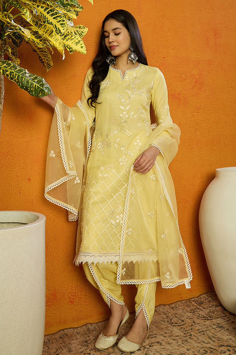 Ahika Yellow Organza Solid Embroidered A-Line Dhoti Bottom Suit Set PKSKD2433