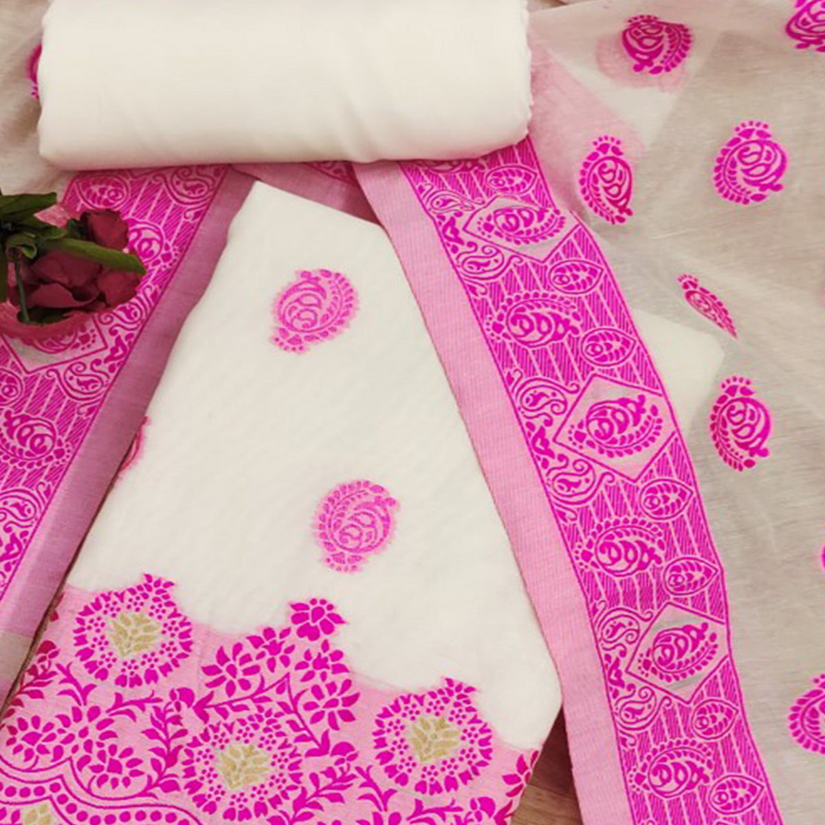 Peachmode Offwhite & Pink Floral Woven Chanderi Dress Material - view 2
