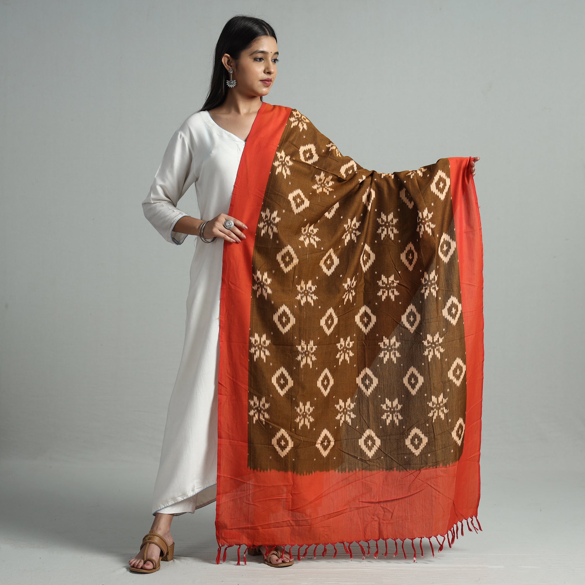 IKAT WEAVES BY EDEM CHANDANA Brown - Pochampally Ikat Handloom Cotton Dupatta with Tassels 32