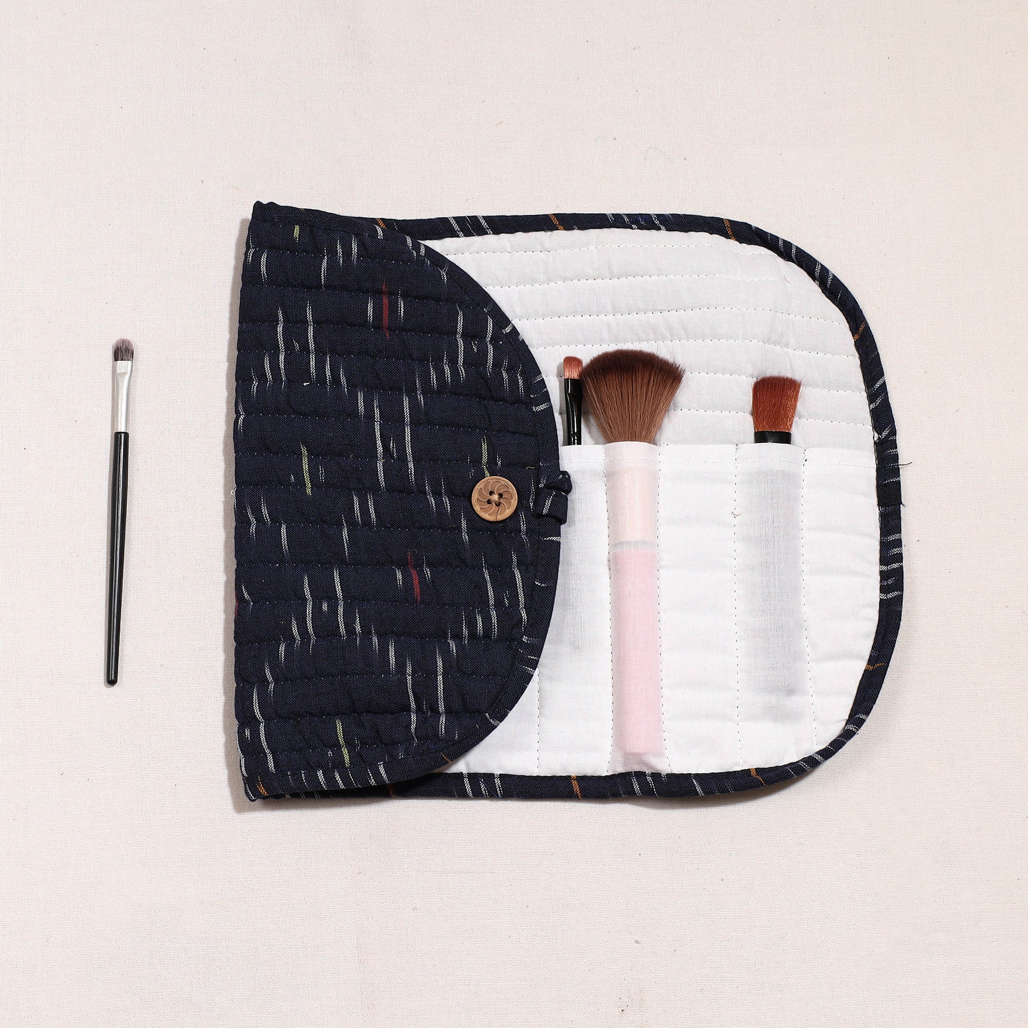 NOORI BAZAR Black - Ikat Fabric Multipurpose Segmented Make-up Brush Wrap Pouch/Case