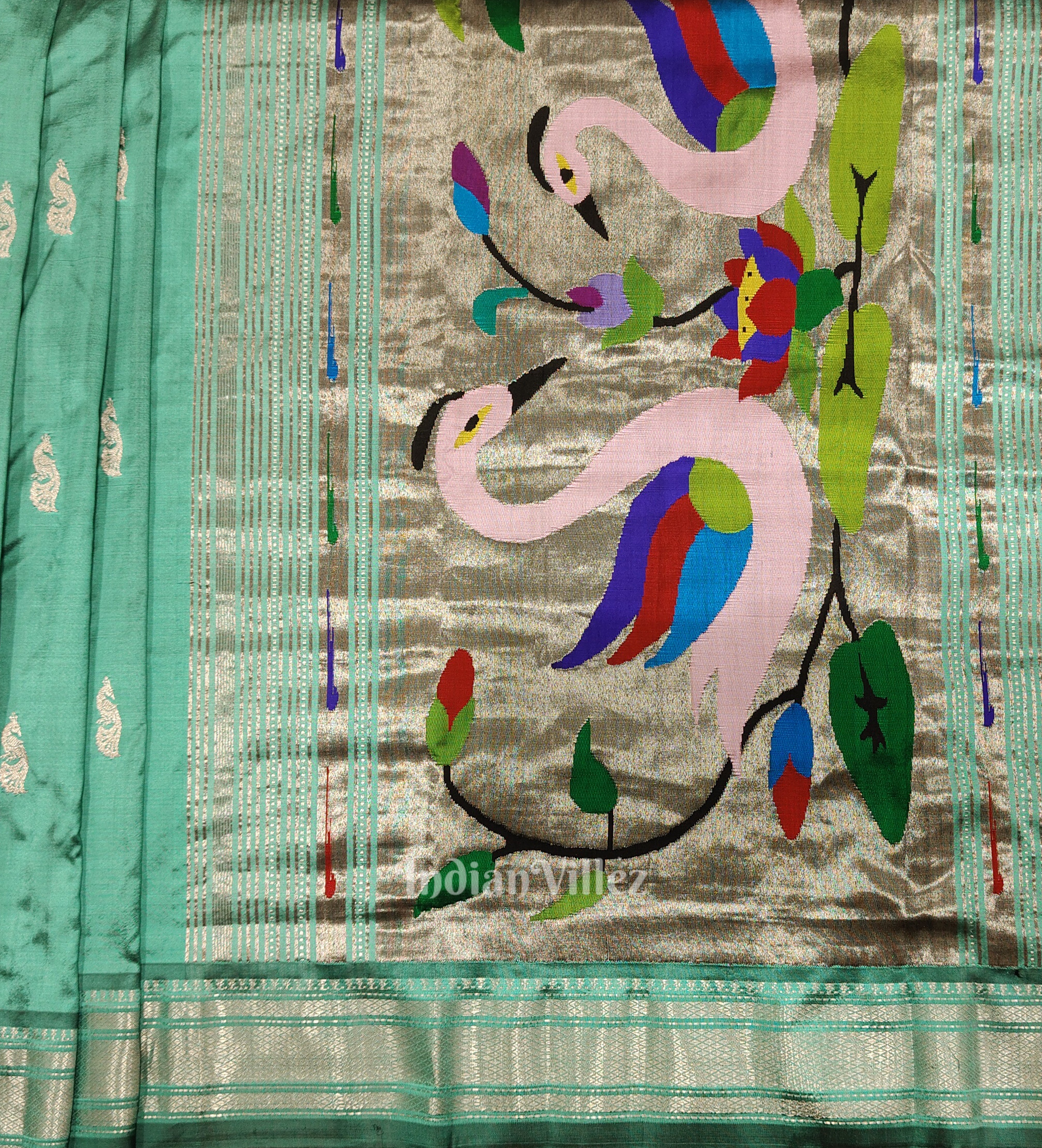 IndianVillèz Teal Blue Peacock Butti Paithani Silk Saree