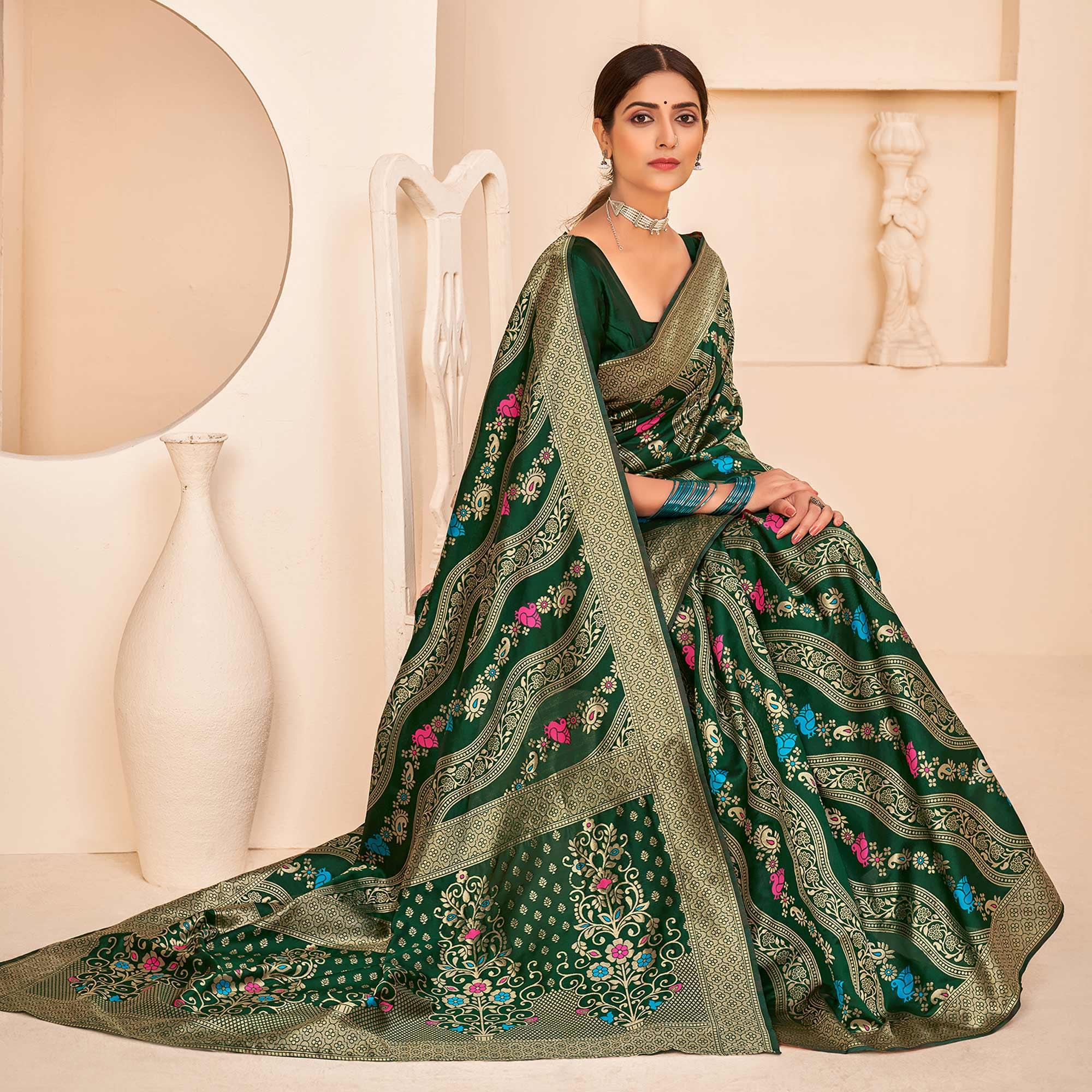 Peachmode Dark Green Festive Wear Banarasi with Patola Woven Banarasi Silk saree - view 2