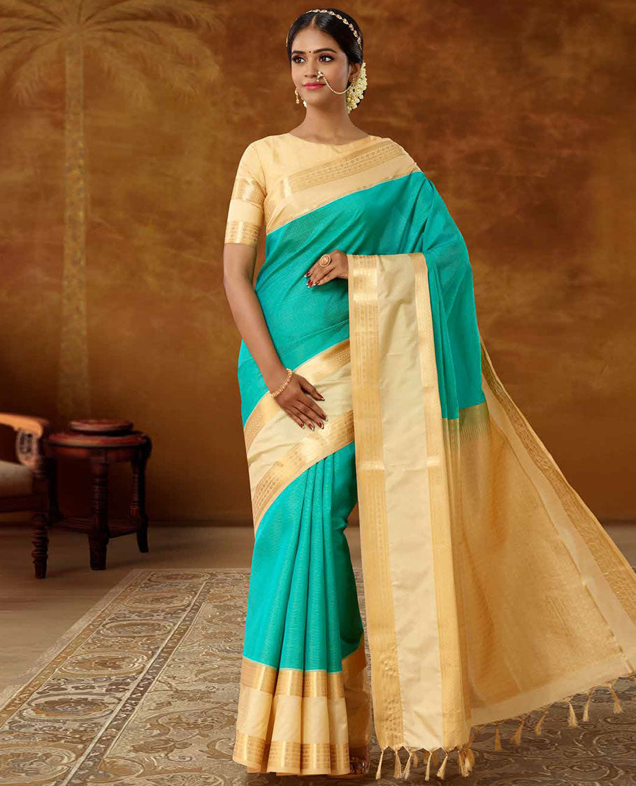 Vasundhara Lite-SilkÂ Mix Blue vasundhara elite saree, contrast rettai pettu zari traditional design border & intricate pallu