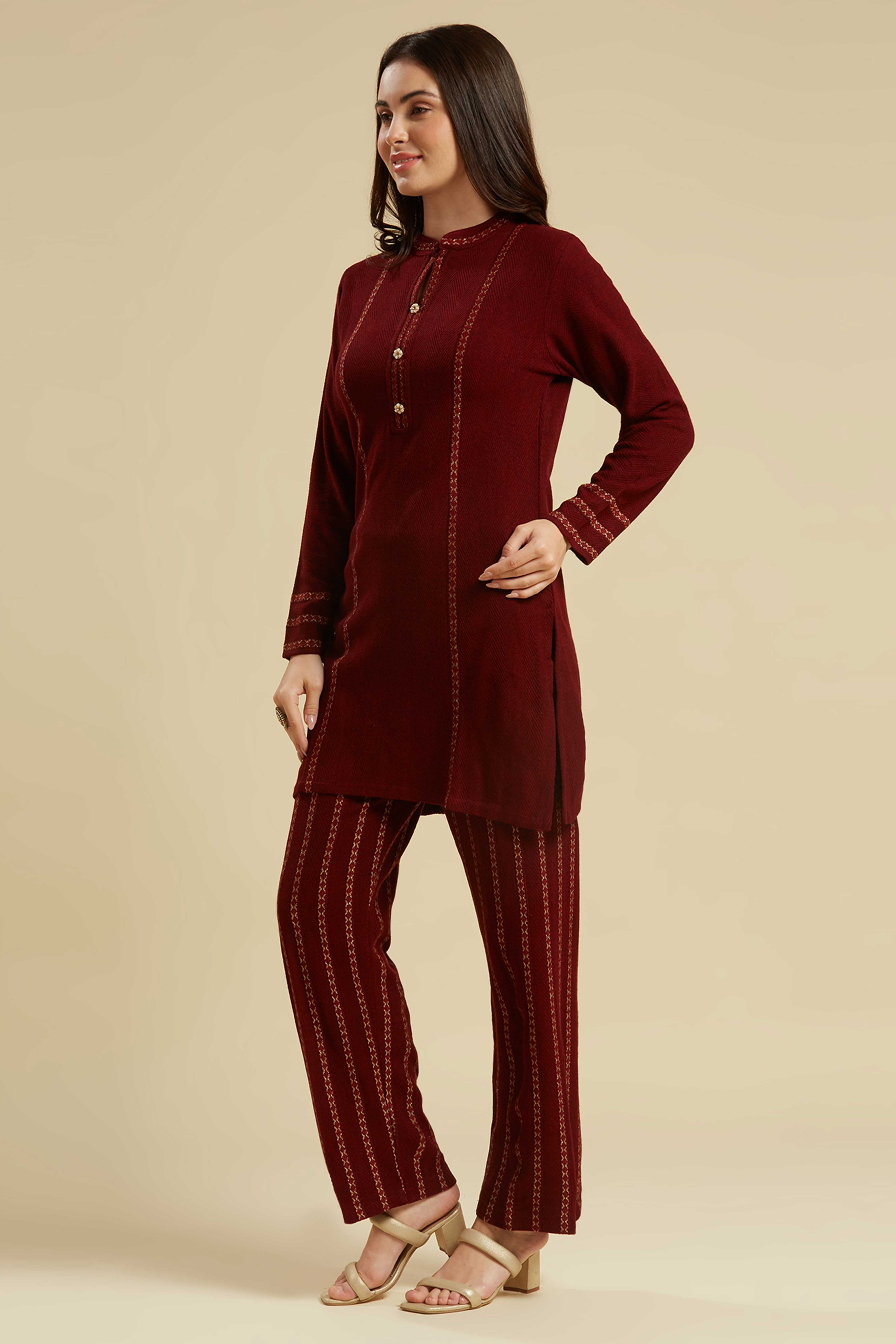 Peachmode Maroon Woven Woolen Straight Top Bottom Set - view 5