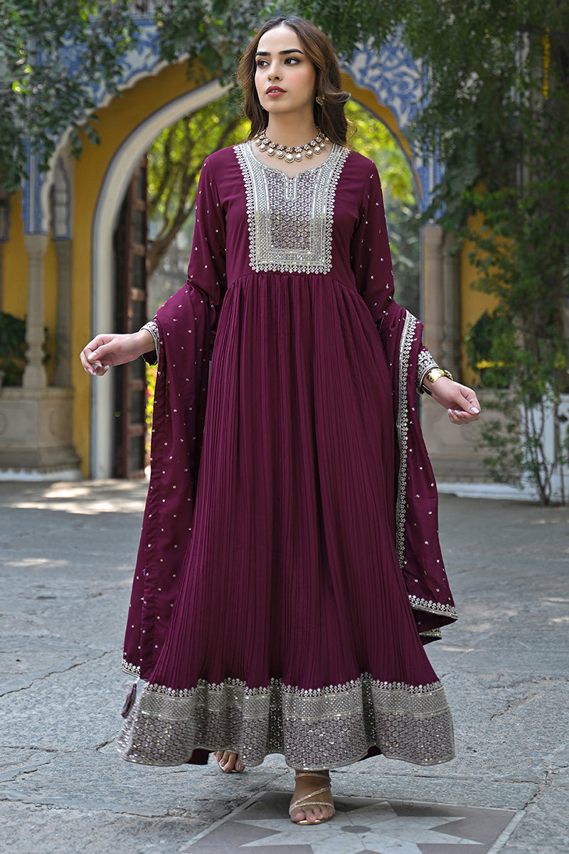 Ahika Magenta Georgette Solid Yoke Design Sequined Anarkali Kurta dupatta Set VKSET1480