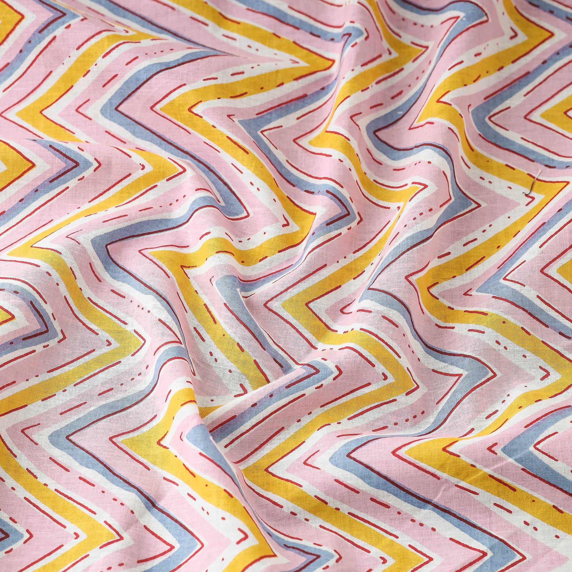 KUSUMLATA Baby Pink Chevron Sanganeri Block Printed Cotton Fabric - view 2