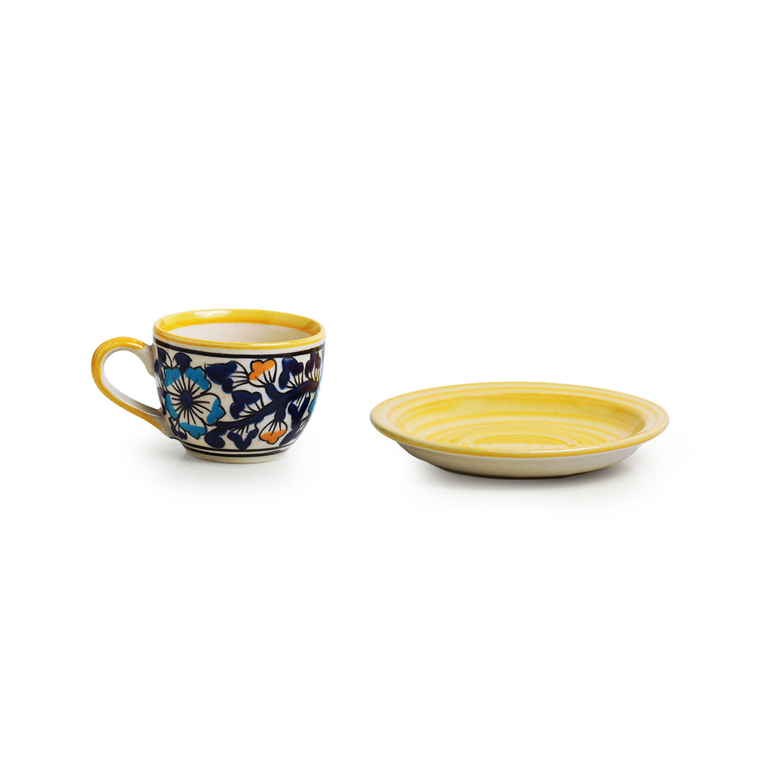 EXCLUSIVELANE 'Badamwari Bagheecha' Handpainted Ceramic Coffee & Tea Cups With Saucers (Set of 6, 120 ML, Microwave Safe) - view 4