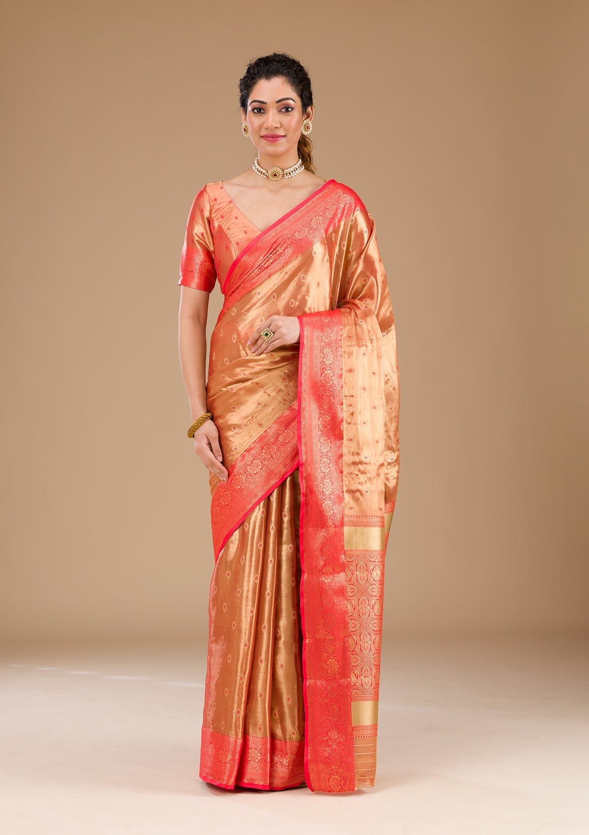 Koskii Red Zariwork Tissue Saree – Women's