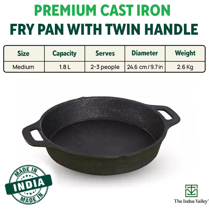 The Indus Valley CASTrong Cast Iron Fry Pan, 2 Handles, Pre-seasoned, Nonstick, 100% Pure, Toxin-free, Induction, 24.6cm, 1.8L, 2.6kg - view 3