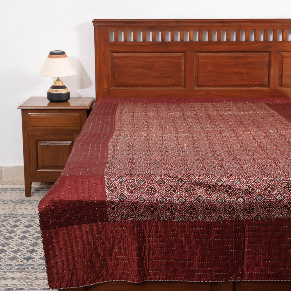 KACHCHH JI CHHAAP Brown - Reversible Ajrakh Patch & Tagai Work Mashru Silk Single Bed Cover / Quilt (90 x 59 in)