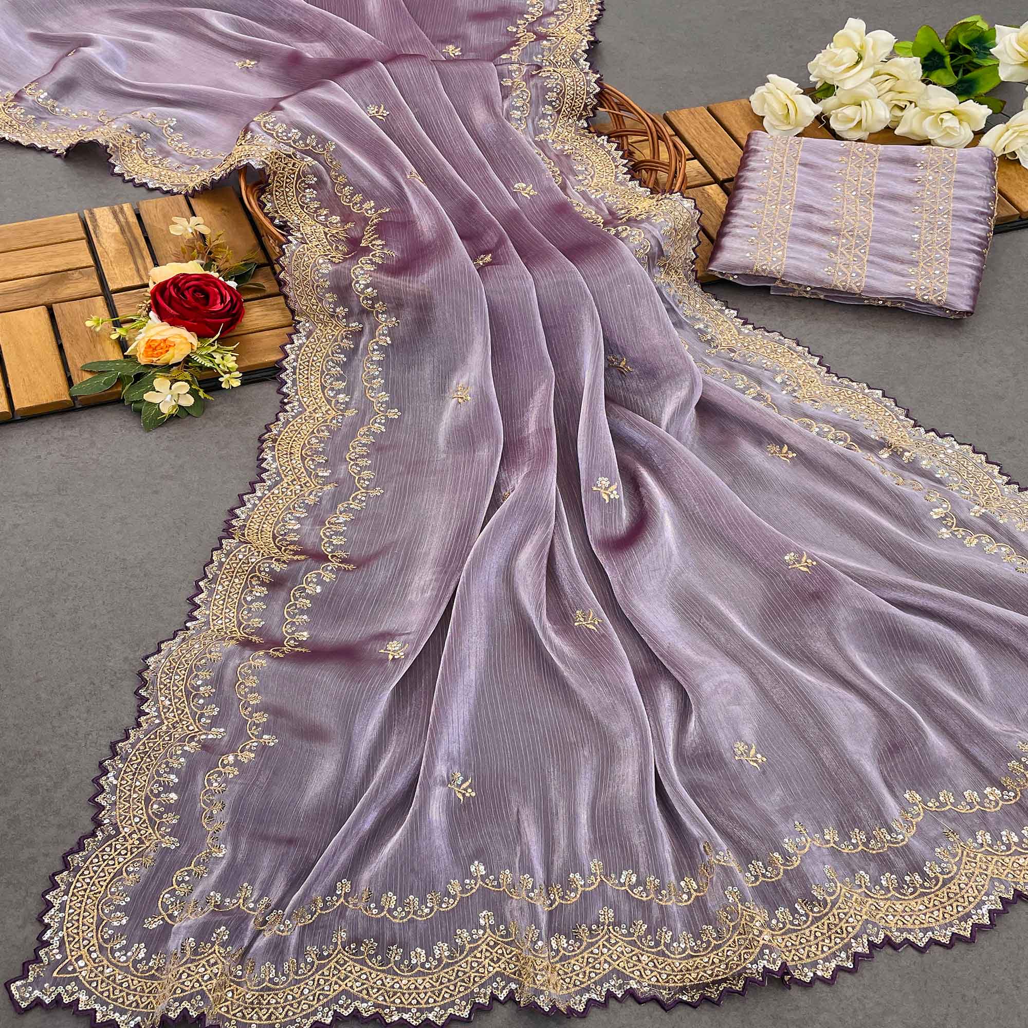 Peachmode Mauve Sequins Embroidered Chiffon Saree