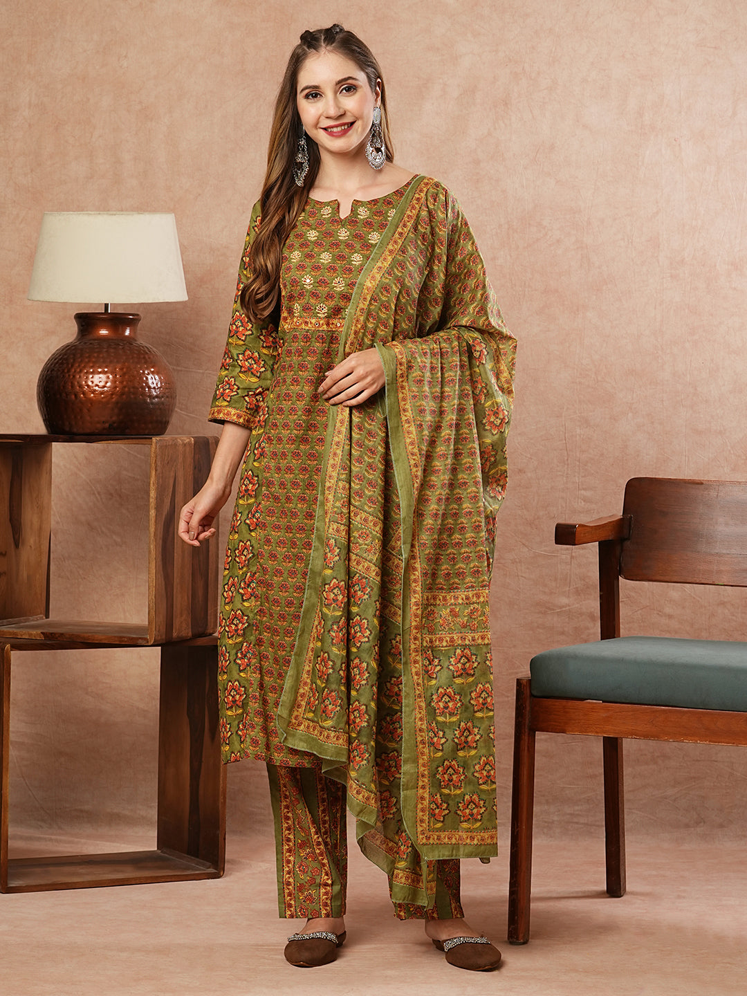 Fashor Floral Block Printed Mirror & Resham Embroidered Kurta with Pants & Dupatta - Olive