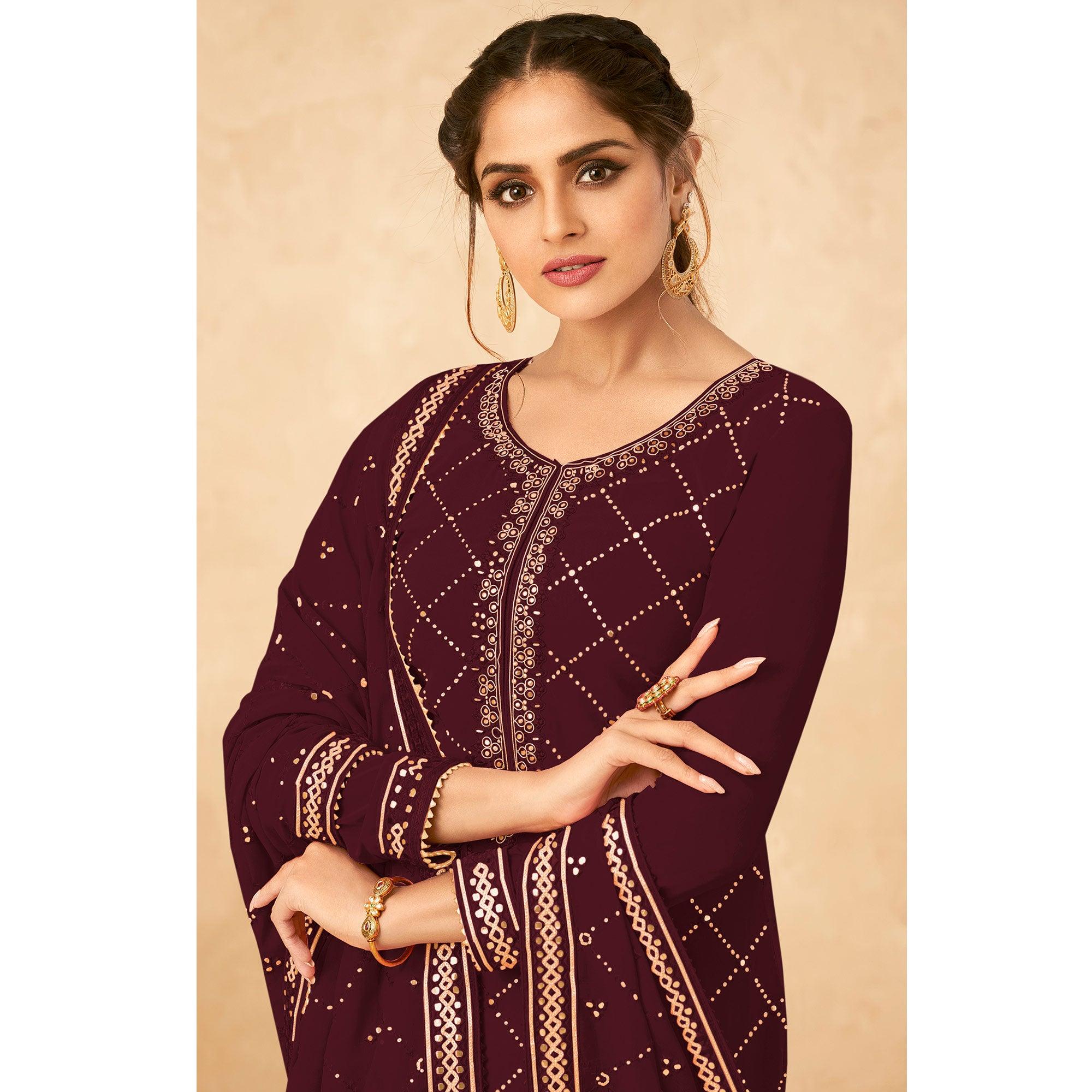 Peachmode Seller Maroon Partywear Embroidered Georgette Palazzo Suit - view 3