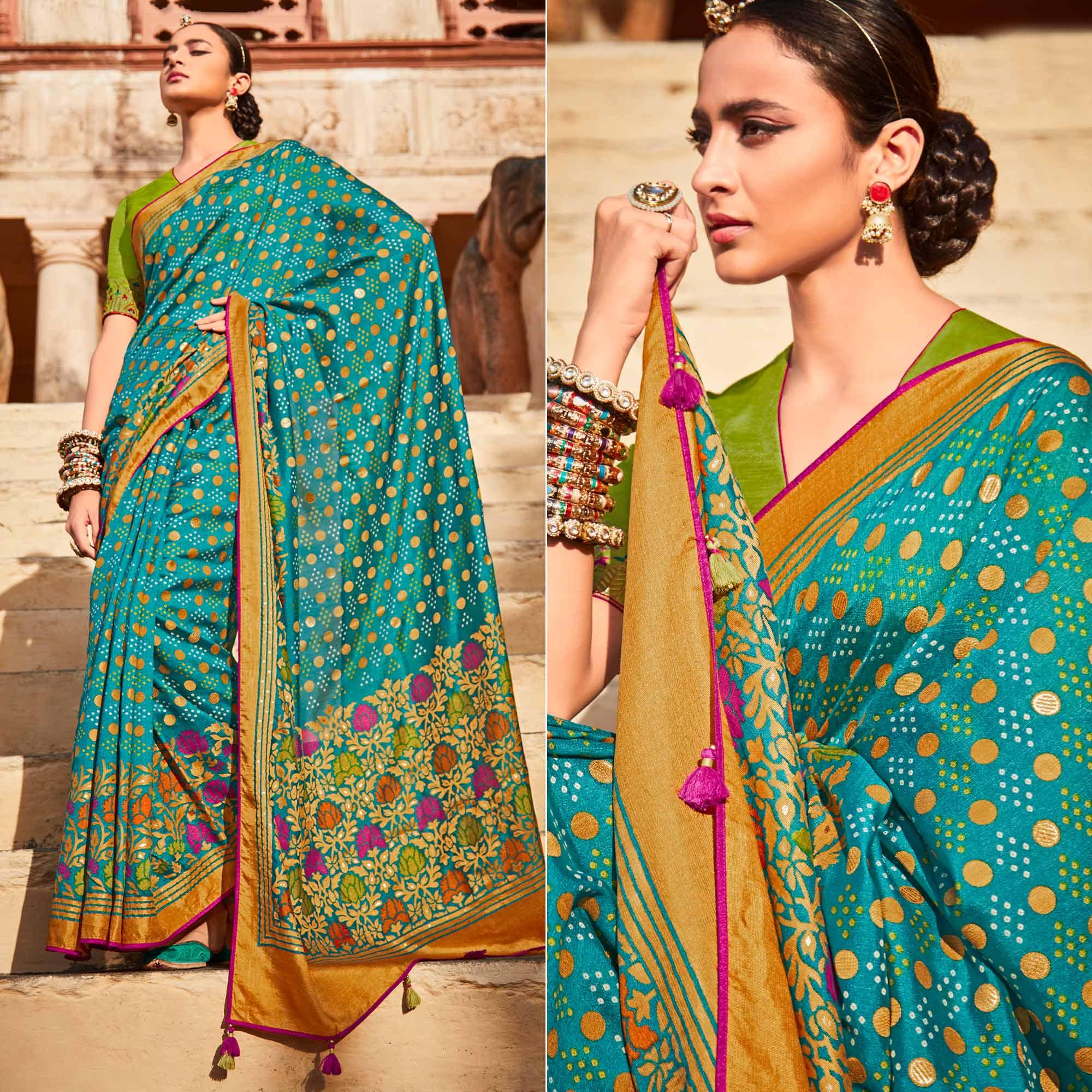 Peachmode Firozi Festive Wear Printed Silk Saree