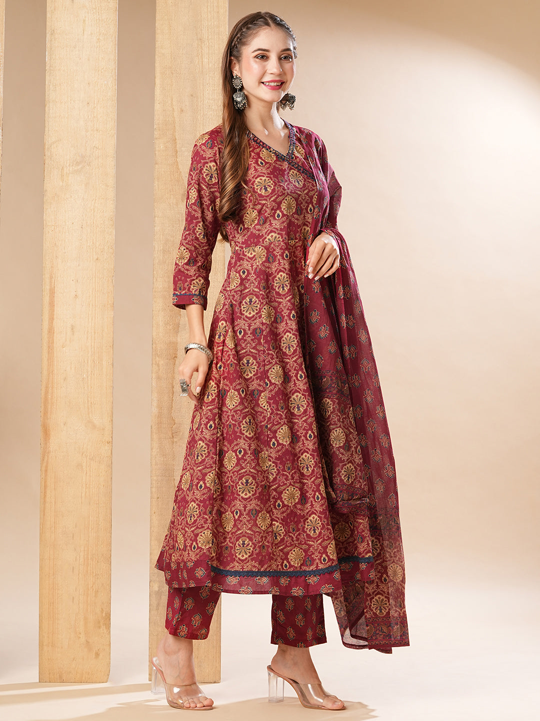 Fashor Floral Printed Resham & Sequins Embellished Anarkali with Pants & Dupatta - Dark Red - view 5