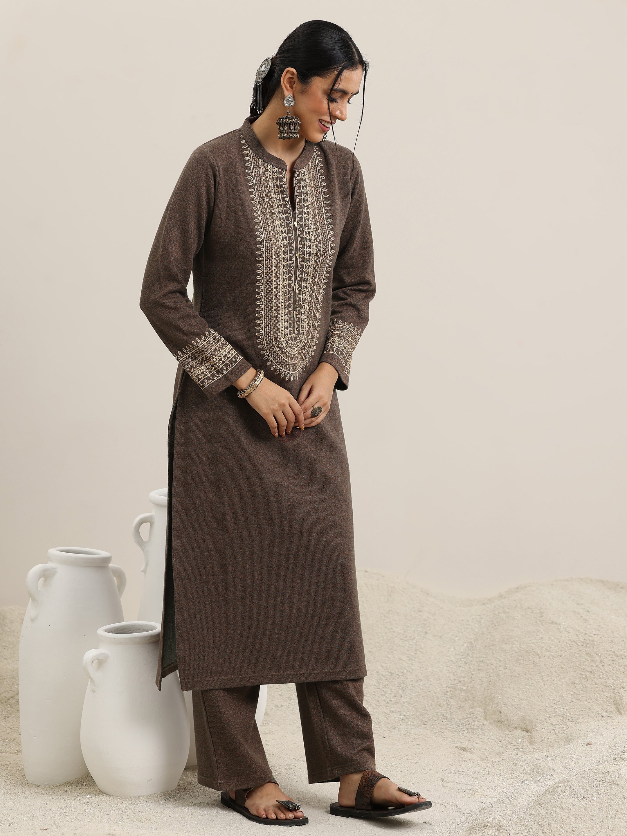 Libas Brown Yoke Design Wool Blend Straight Suit With Dupatta - view 3
