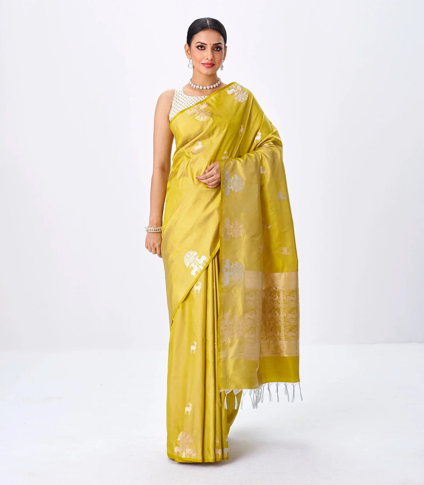 RmKV Gold Handloom Banarasi Silk Saree With Deer Buttas